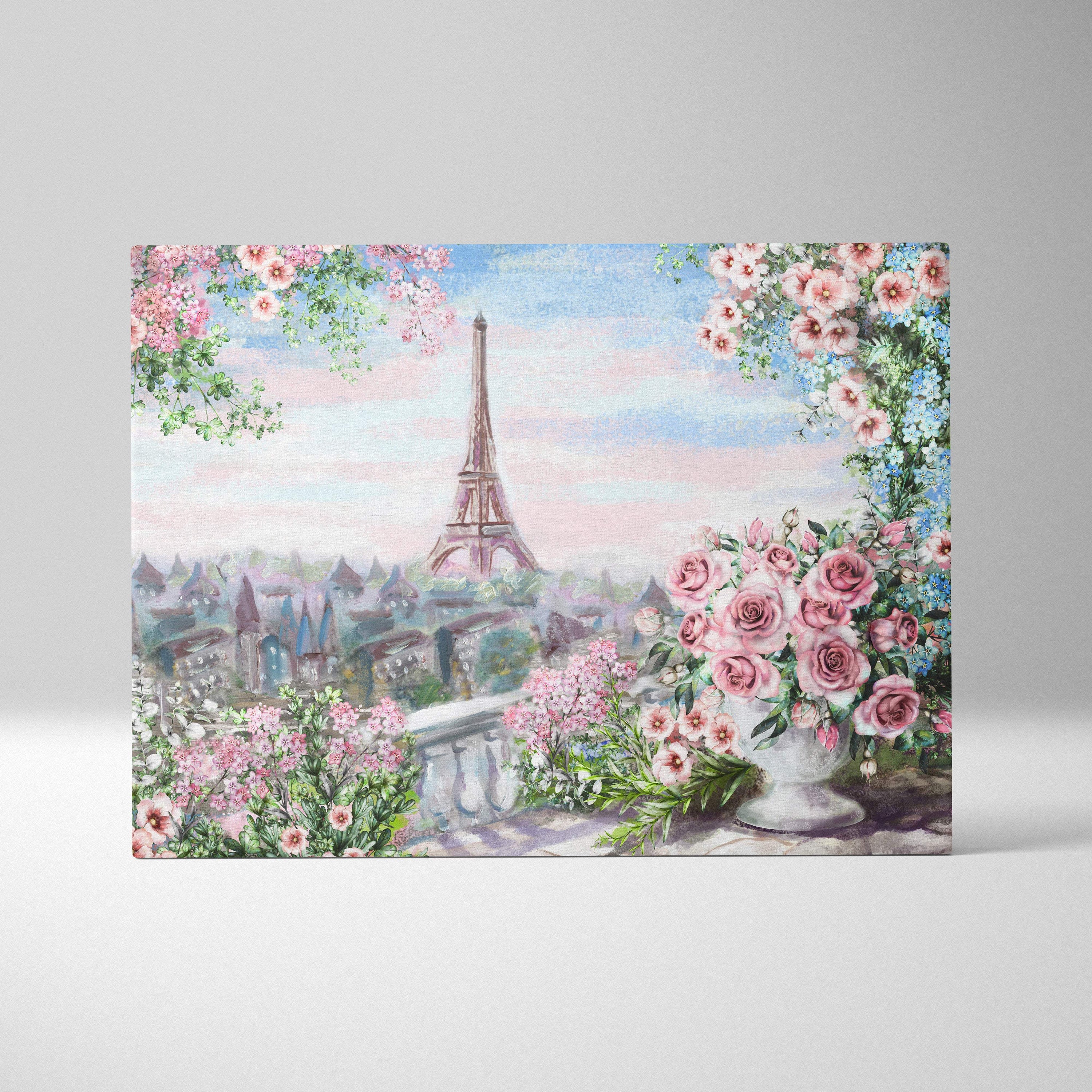 Rectangular canvas print of romantic paris eiffel tower scene with pink and white blossoms in soft pastel tones