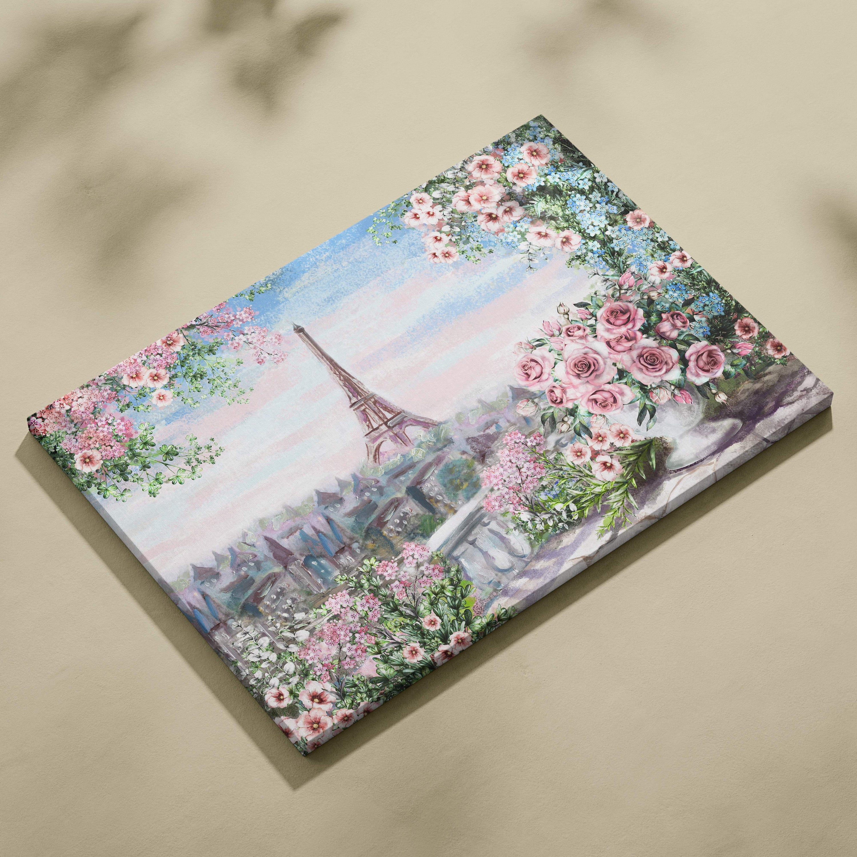 Romantic paris eiffel tower floral painting featuring soft pastel pink and blue flowers on a rectangular canvas wall art