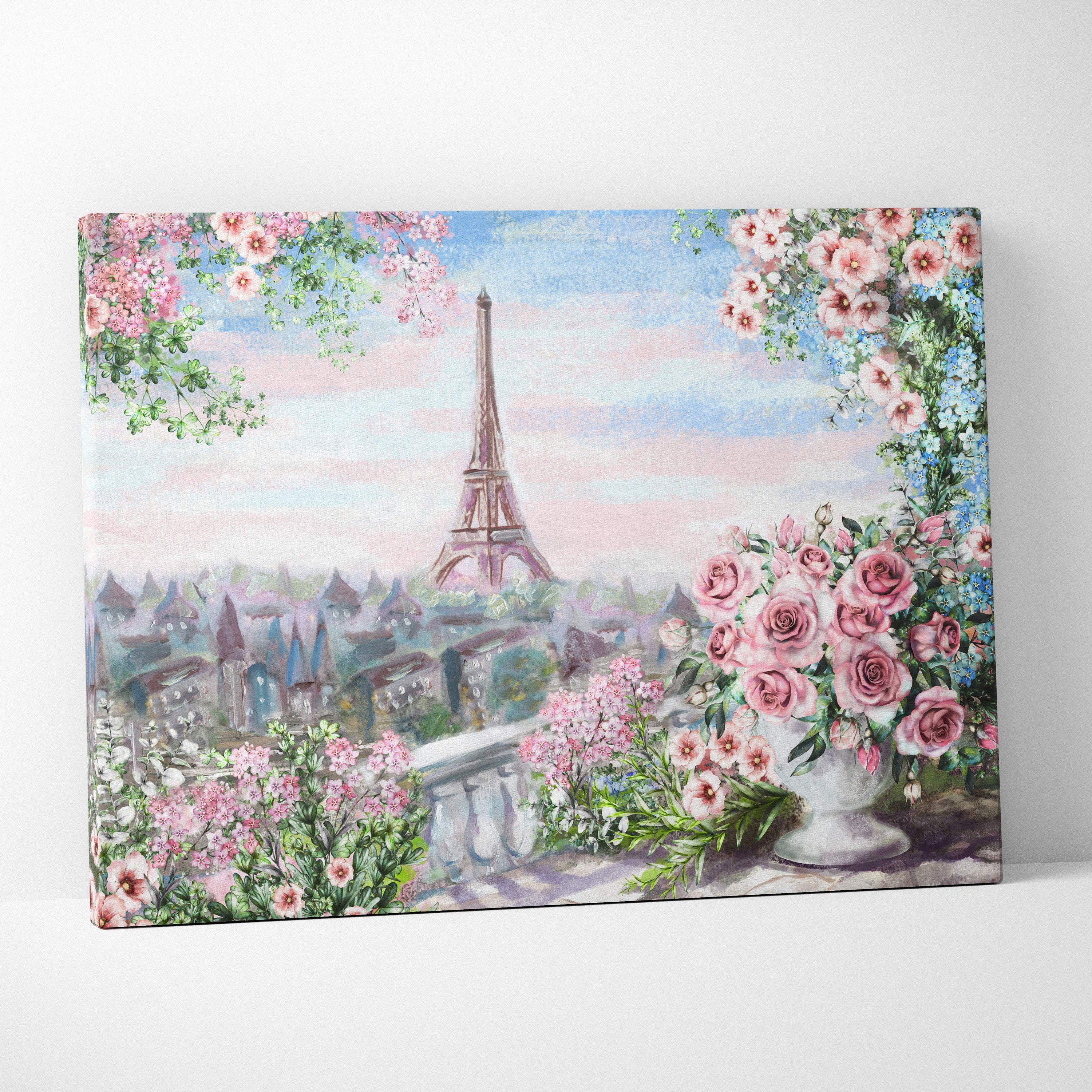 A soft pastel canvas print of the eiffel tower framed by pink roses in a romantic parisian garden scene wall art