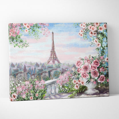 A soft pastel canvas print of the eiffel tower framed by pink roses in a romantic parisian garden scene wall art