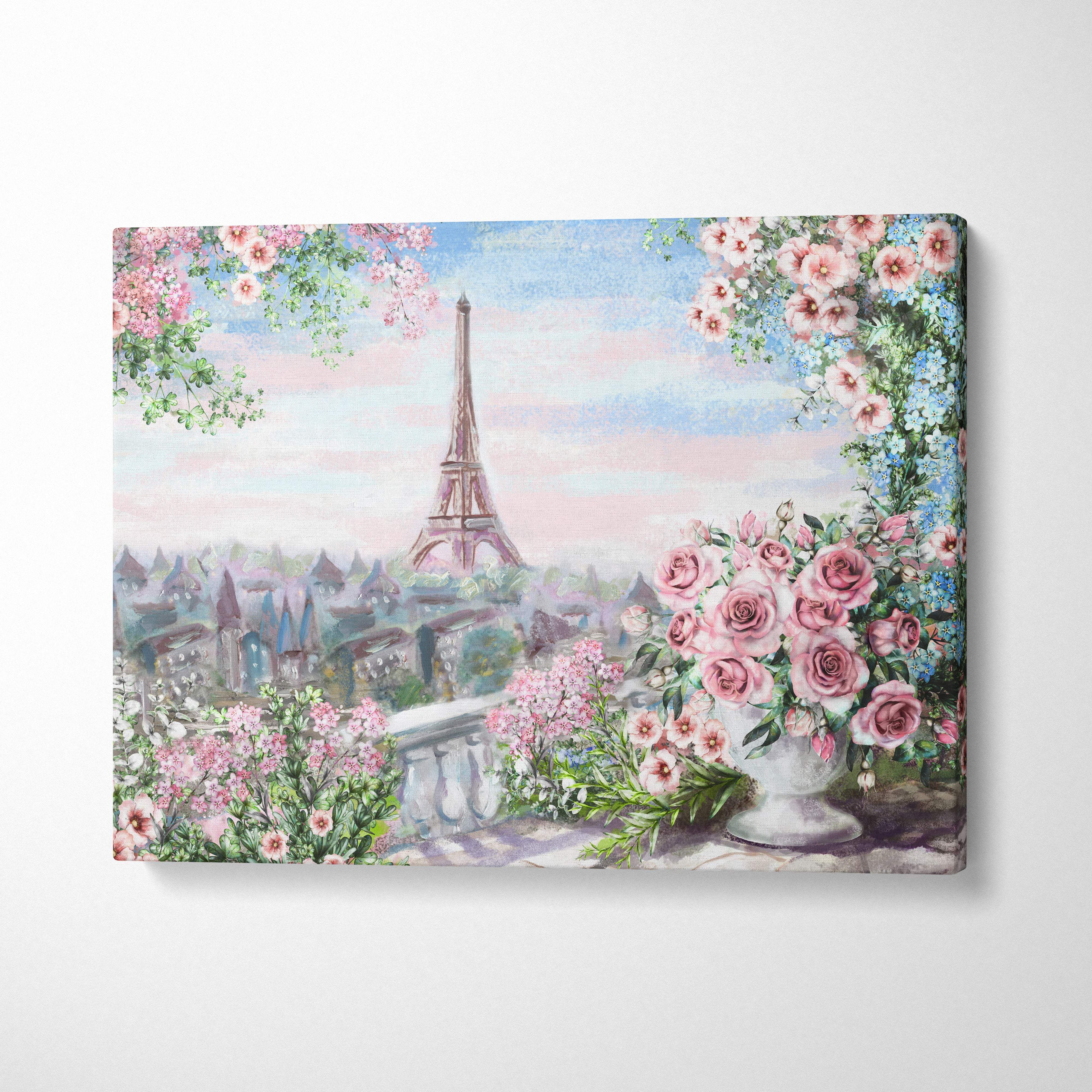 Romantic Paris Eiffel Tower floral painting style wall art with soft pastel roses and vintage balcony garden print