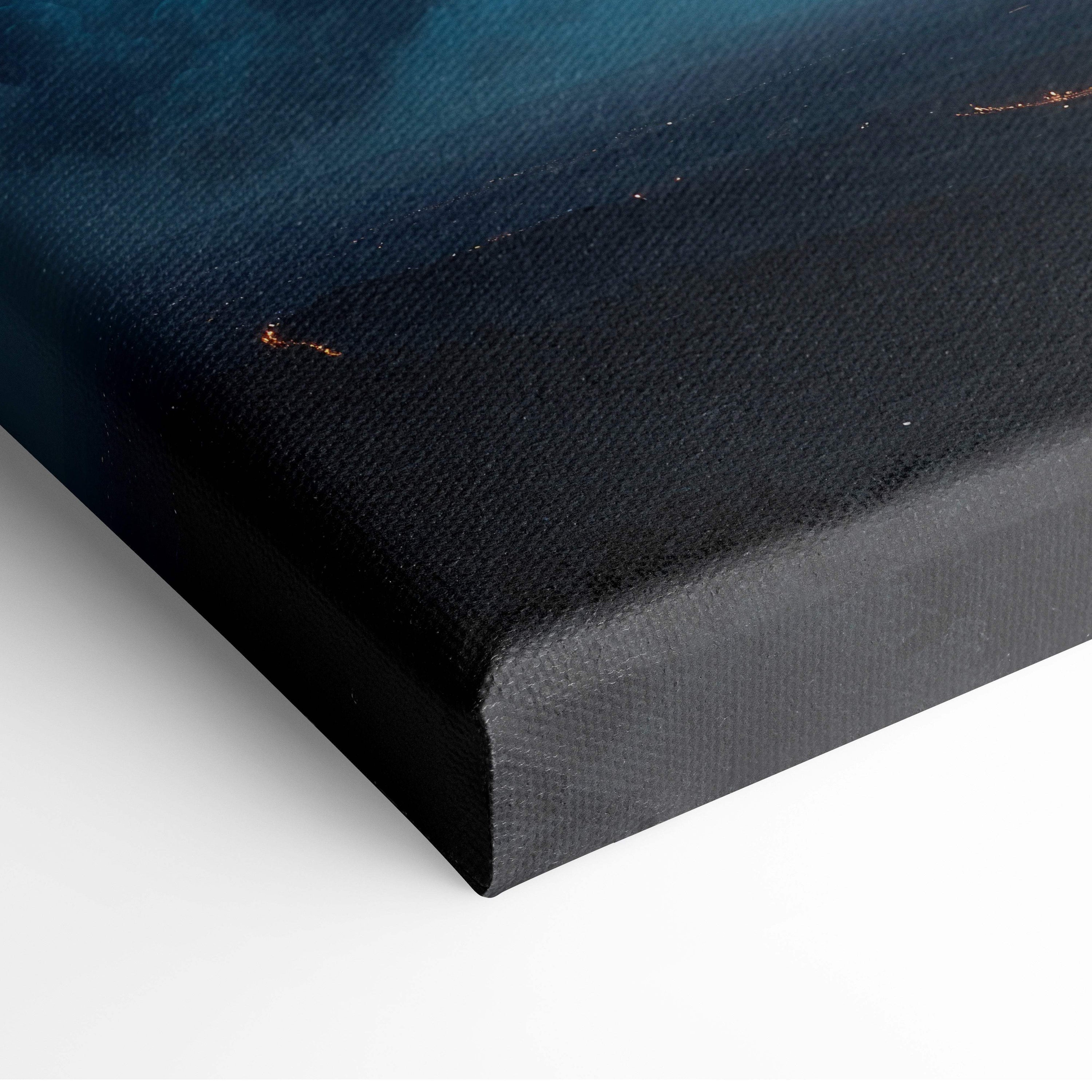Black canvas print textured with subtle blue gradient featuring massive thunderstorm tower with dual lightning strikes