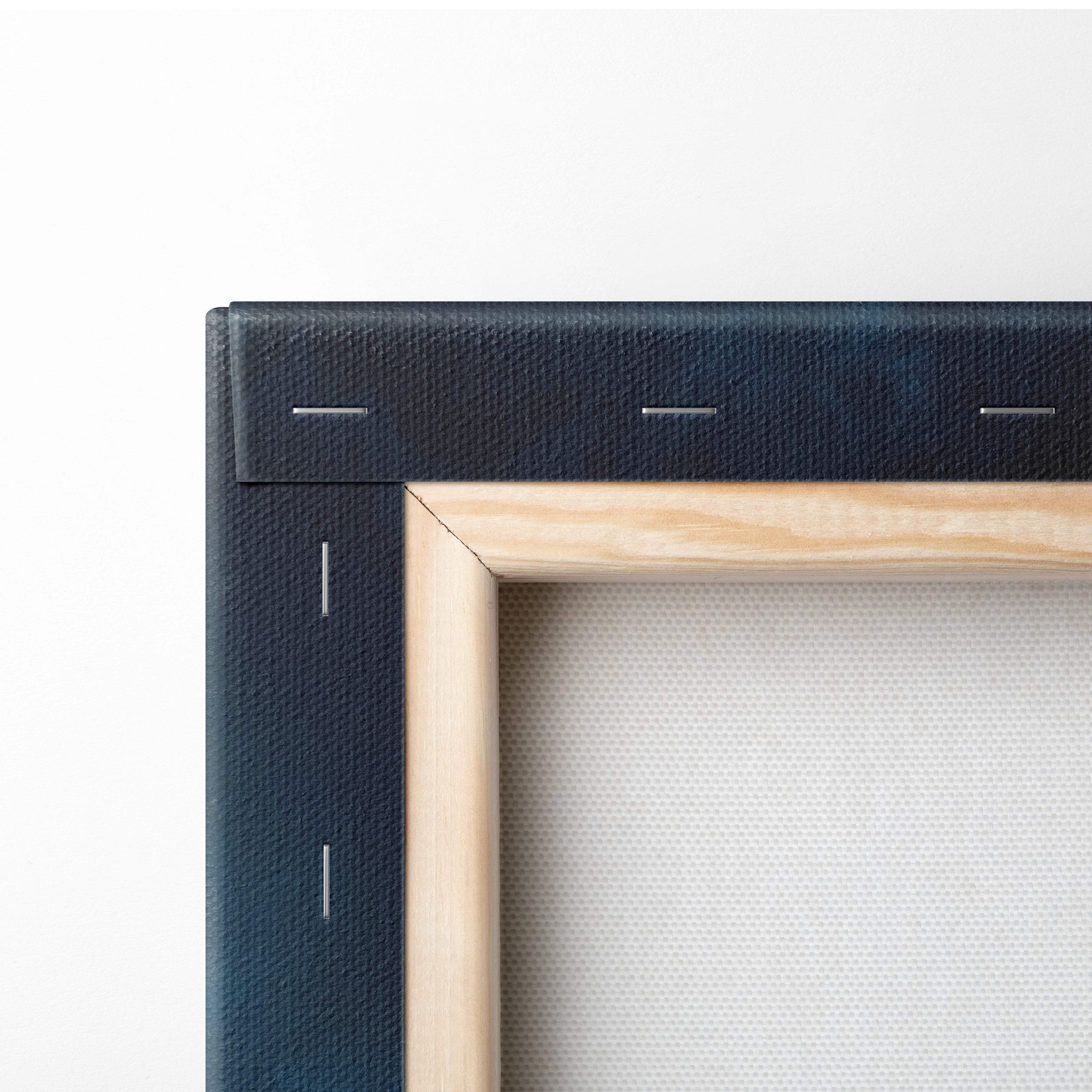 Dark navy canvas wrapped around a light wood frame stitched with white thread for massive thunderstorm tower product