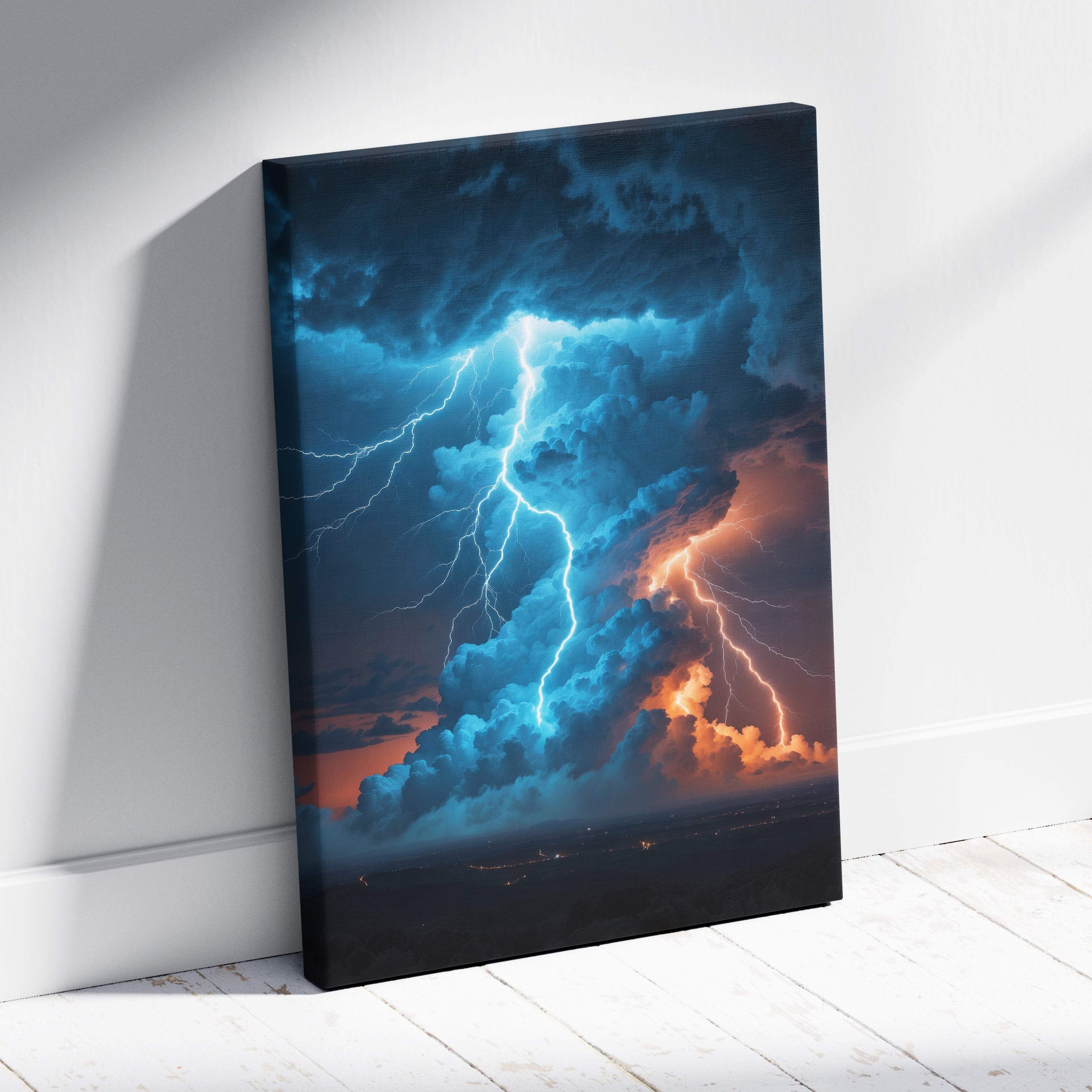 Vibrant canvas print of a massive thunderstorm tower with dual electric blue and fiery orange lightning strikes over night landscape