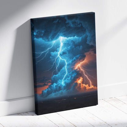 Vibrant canvas print of a massive thunderstorm tower with dual electric blue and fiery orange lightning strikes over night landscape