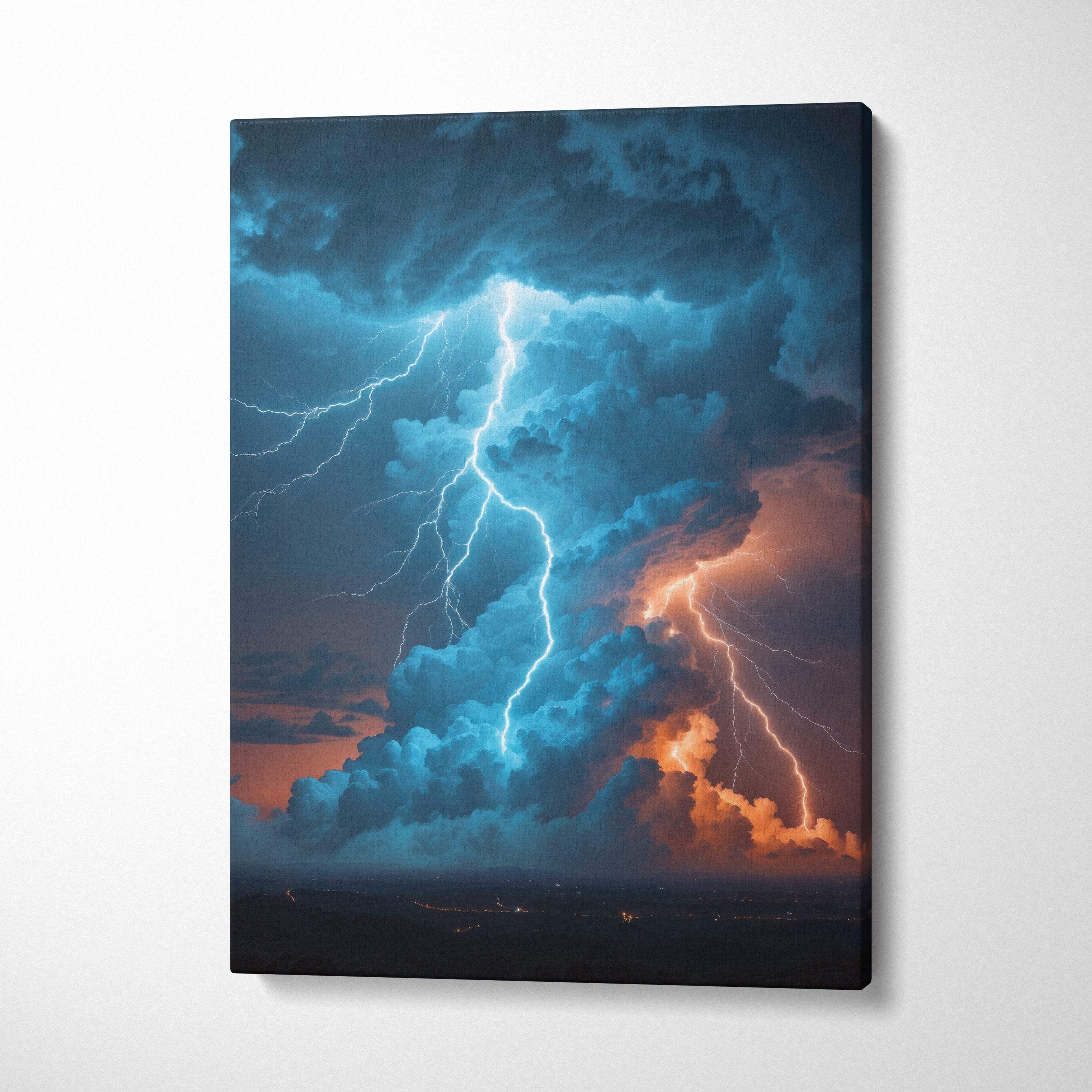 Canvas print of dramatic storm scene with vivid blue and orange lightning striking dark textured clouds at night
