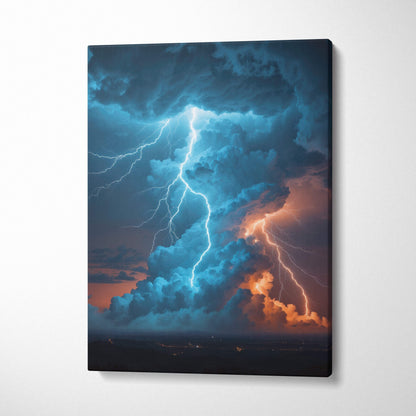 Canvas print of dramatic storm scene with vivid blue and orange lightning striking dark textured clouds at night