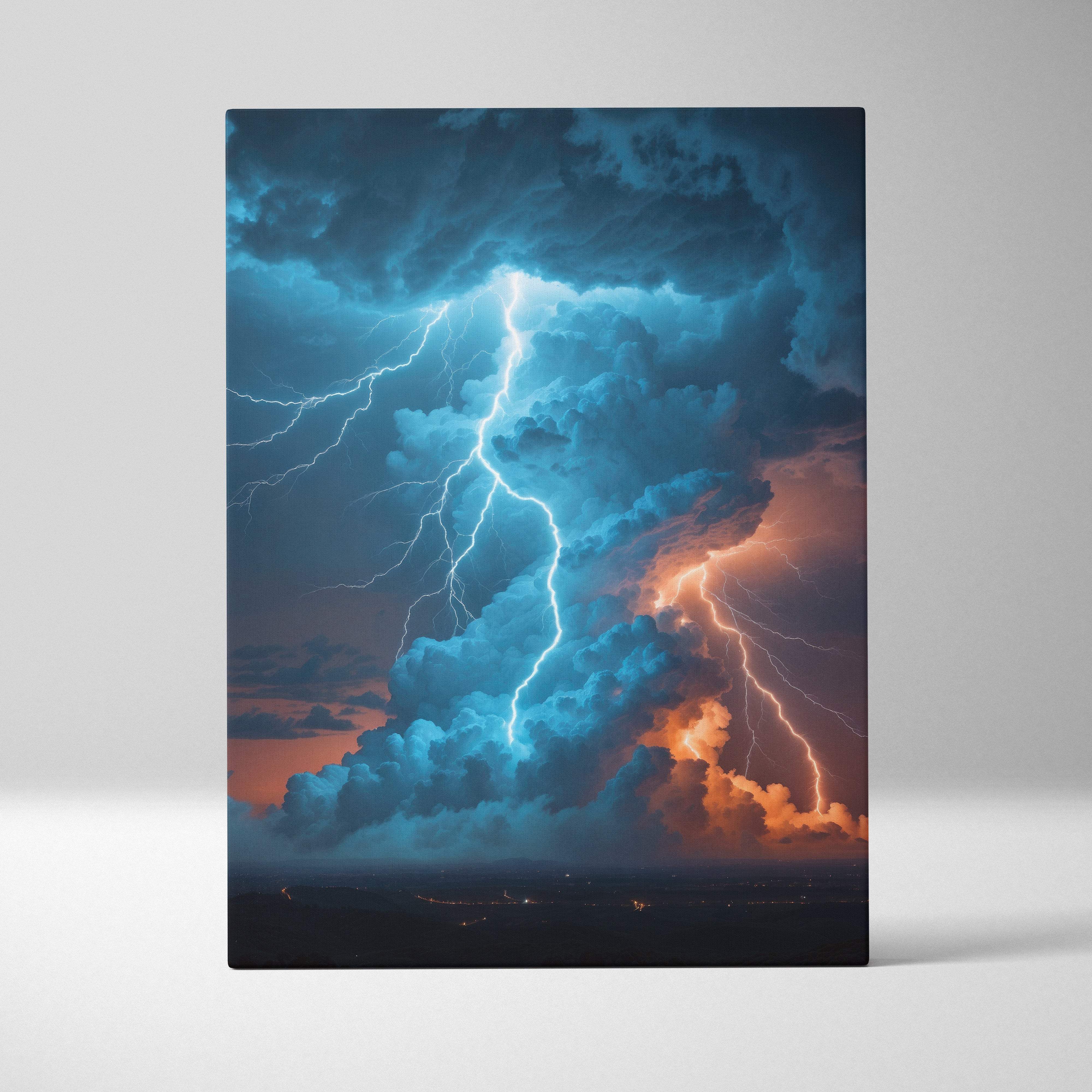 Massive thunderstorm tower canvas print with vibrant blue and orange lightning striking dramatic night clouds