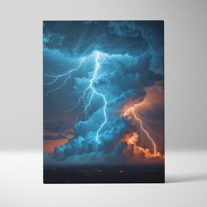 Massive thunderstorm tower canvas print with vibrant blue and orange lightning striking dramatic night clouds