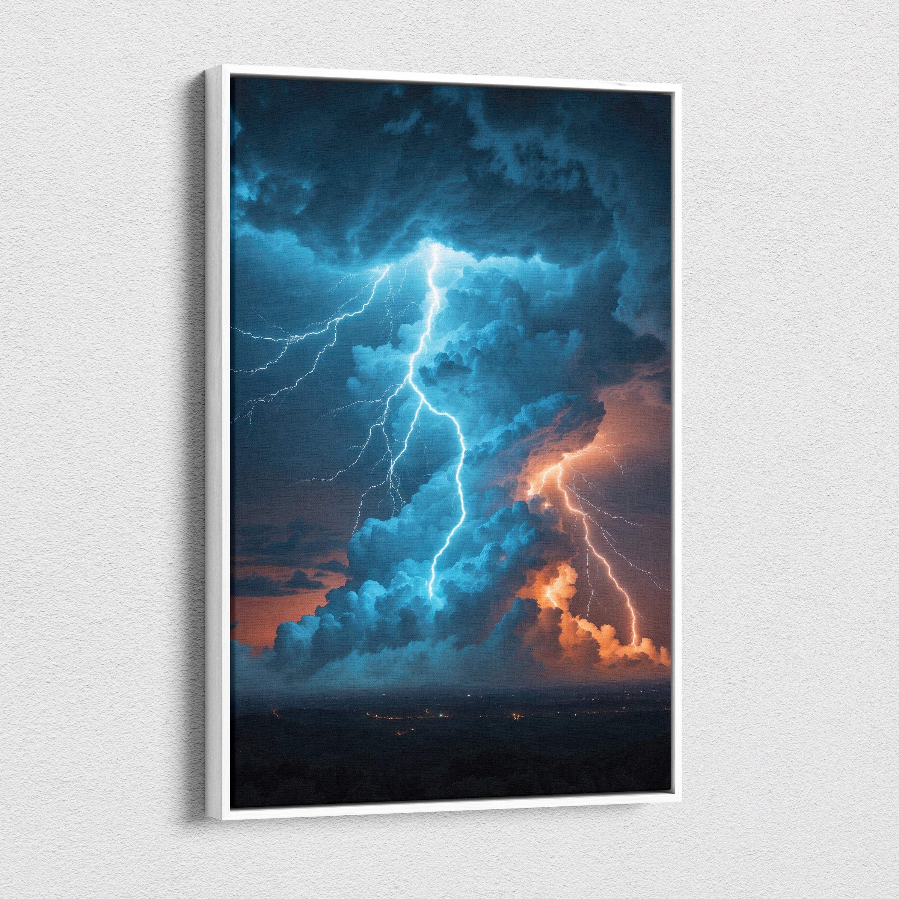 A framed canvas print of a massive thunderstorm tower with vivid blue and orange lightning striking dark clouds
