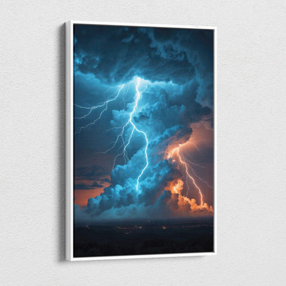 A framed canvas print of a massive thunderstorm tower with vivid blue and orange lightning striking dark clouds