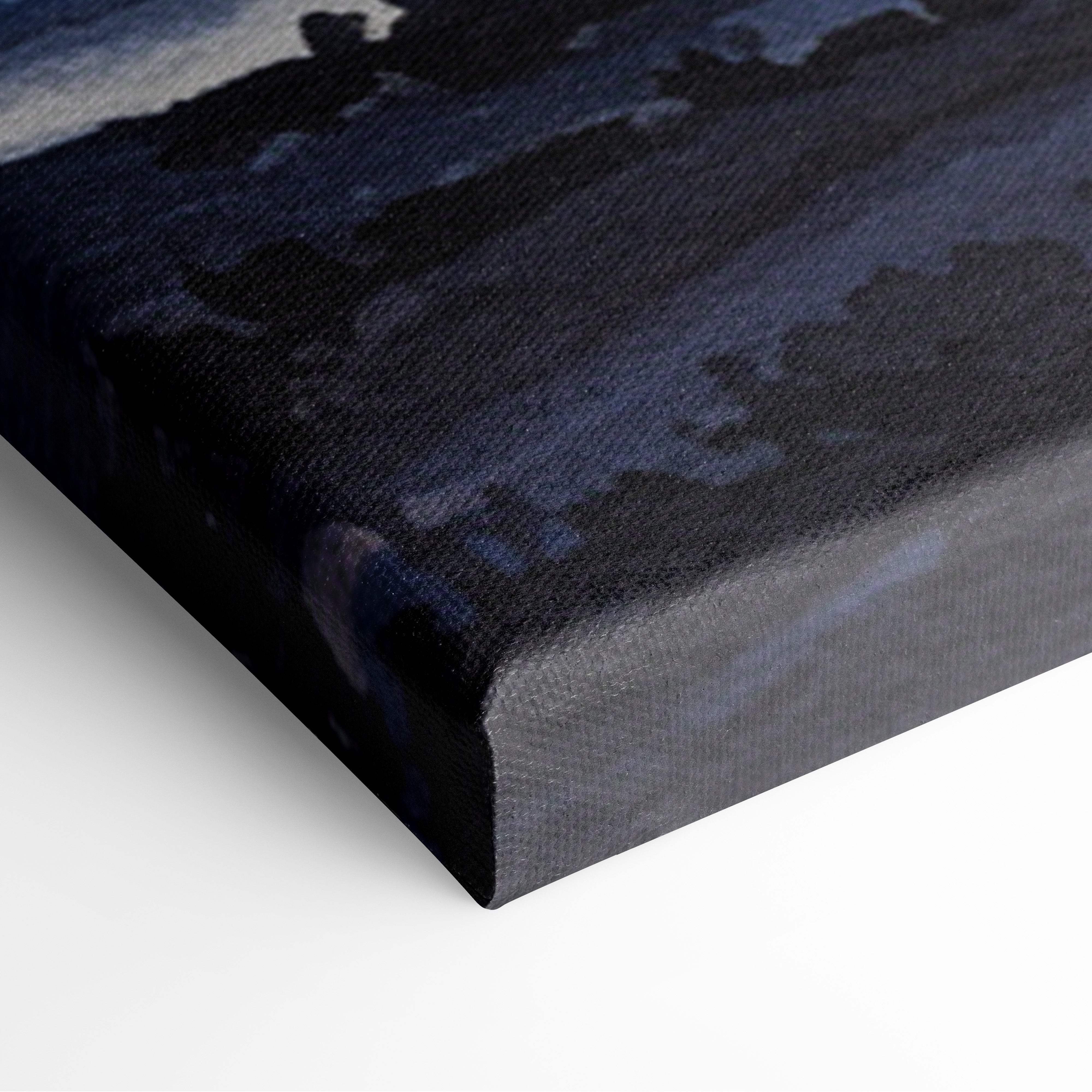 Stormy sky landscape canvas wall art print with textured dark blue and gray abstract brushstrokes on black canvas