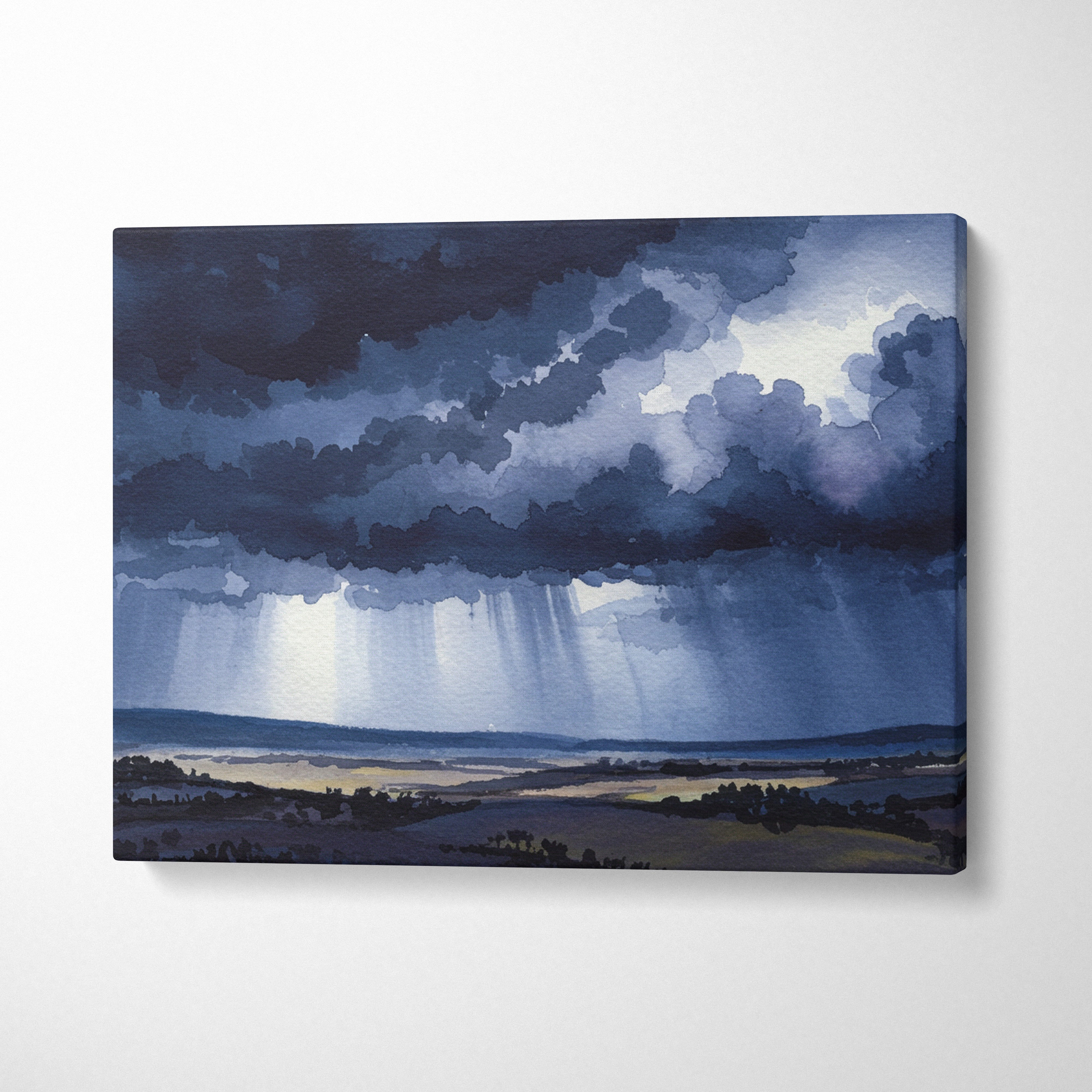 Stormy sky landscape canvas wall art print featuring dark blue watercolor rain clouds with sunbeams for moody interiors