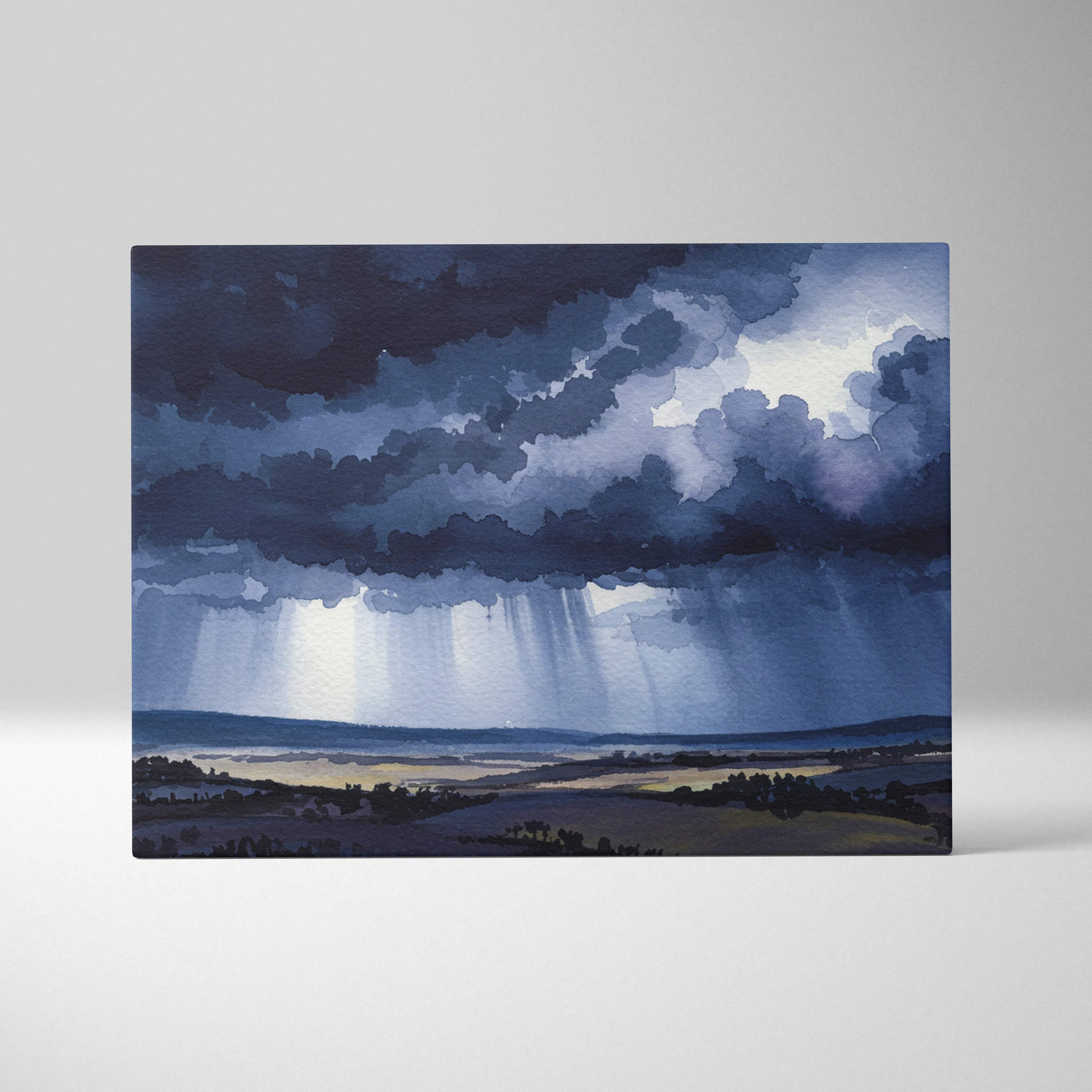 Stormy sky landscape canvas wall art print with dark blue watercolor rain clouds and sunbeams for moody rooms