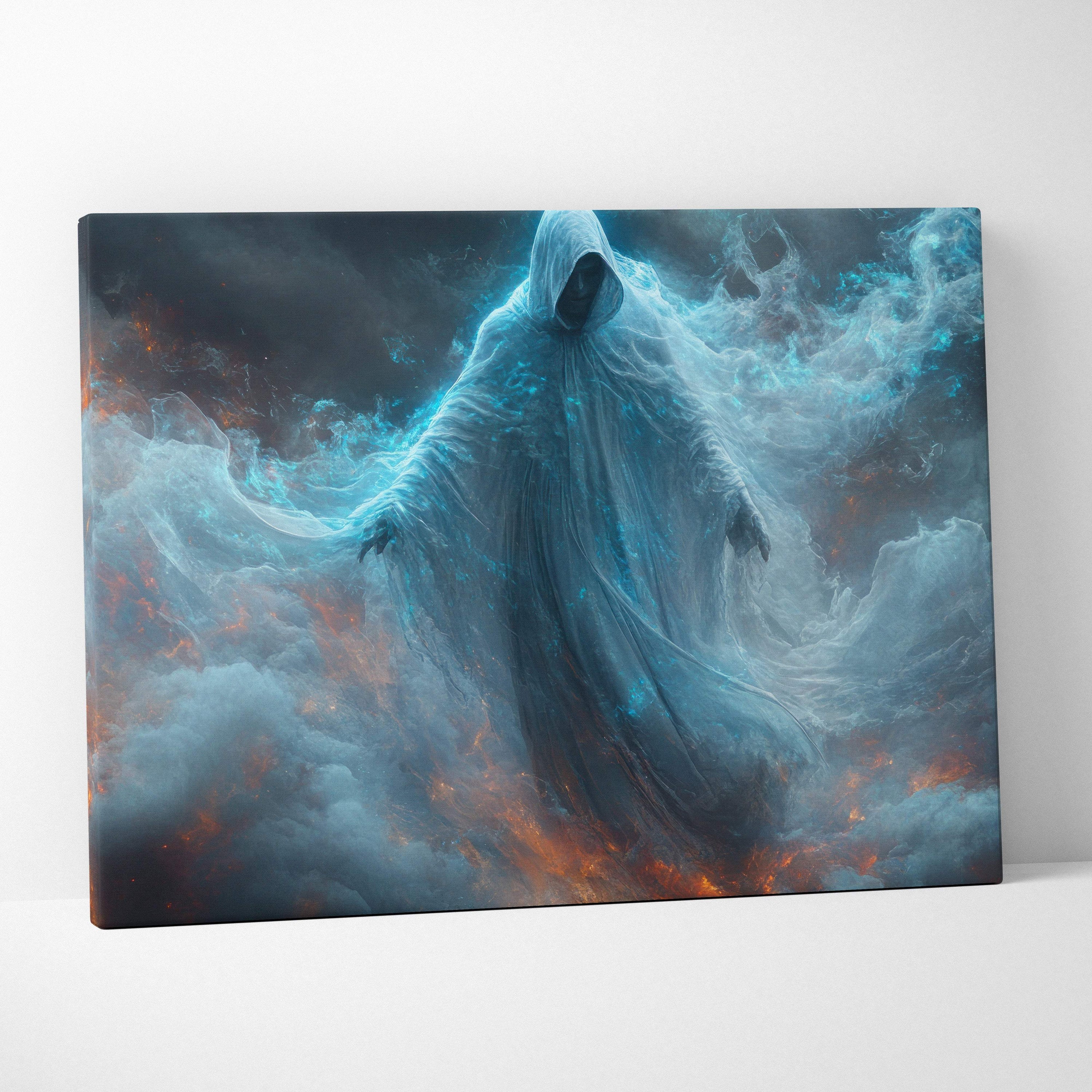 A canvas print of an ethereal hooded spirit in white robes surrounded by swirling blue and orange storm clouds