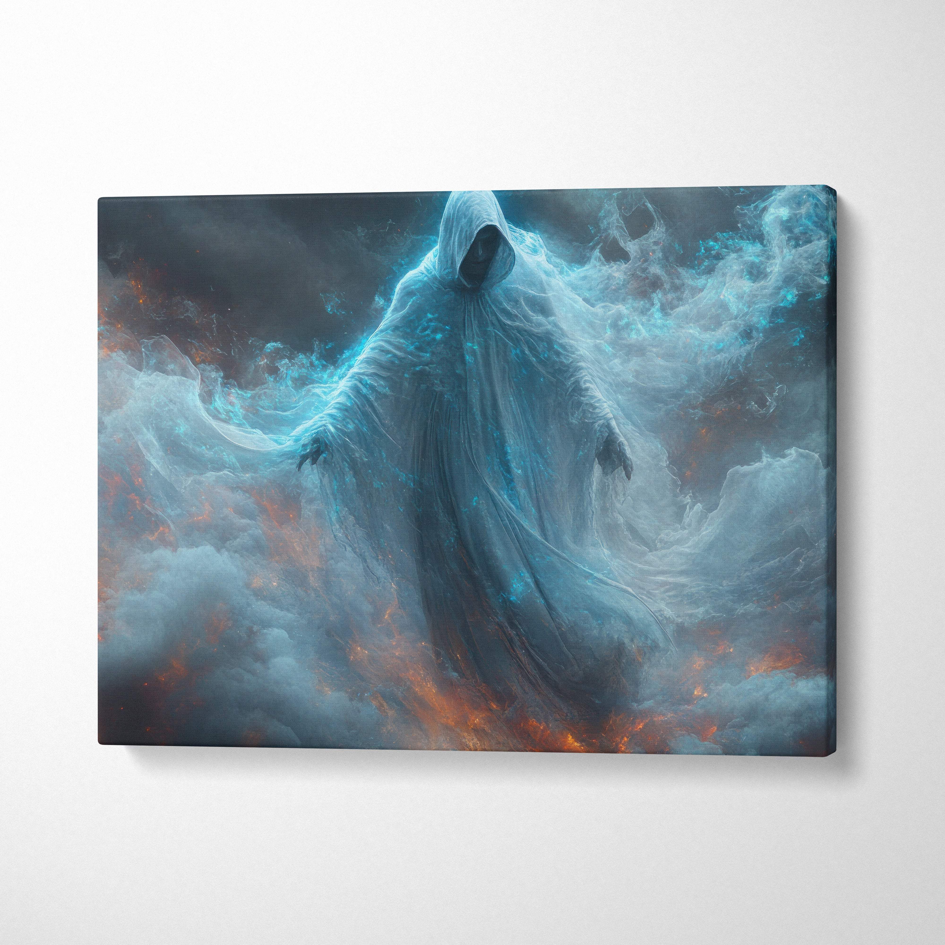 A canvas print of a mystical hooded spirit in flowing robes amid swirling blue and orange ethereal flames