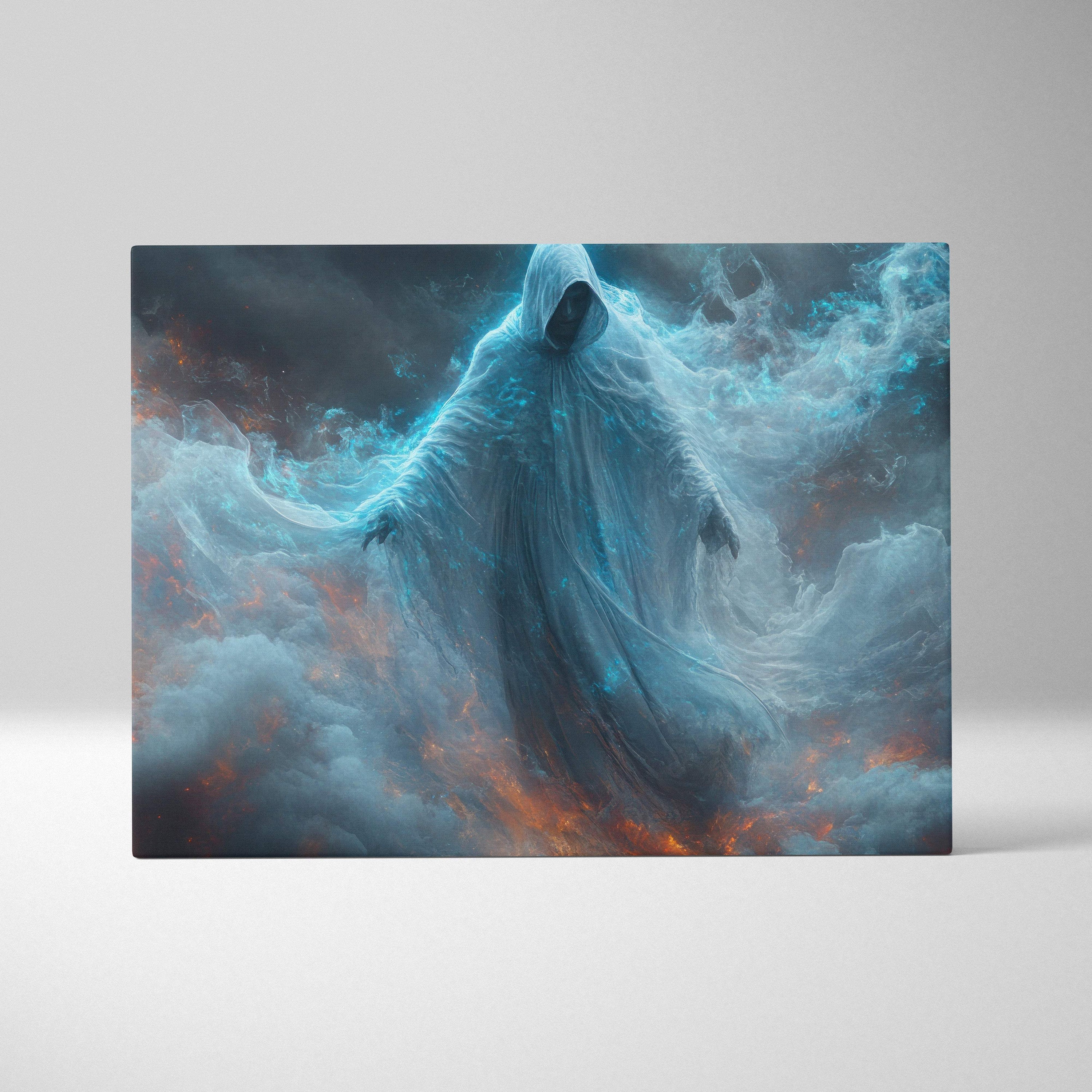 A rectangular canvas print featuring a ghostly figure in translucent blue robes amid swirling clouds and fiery flames