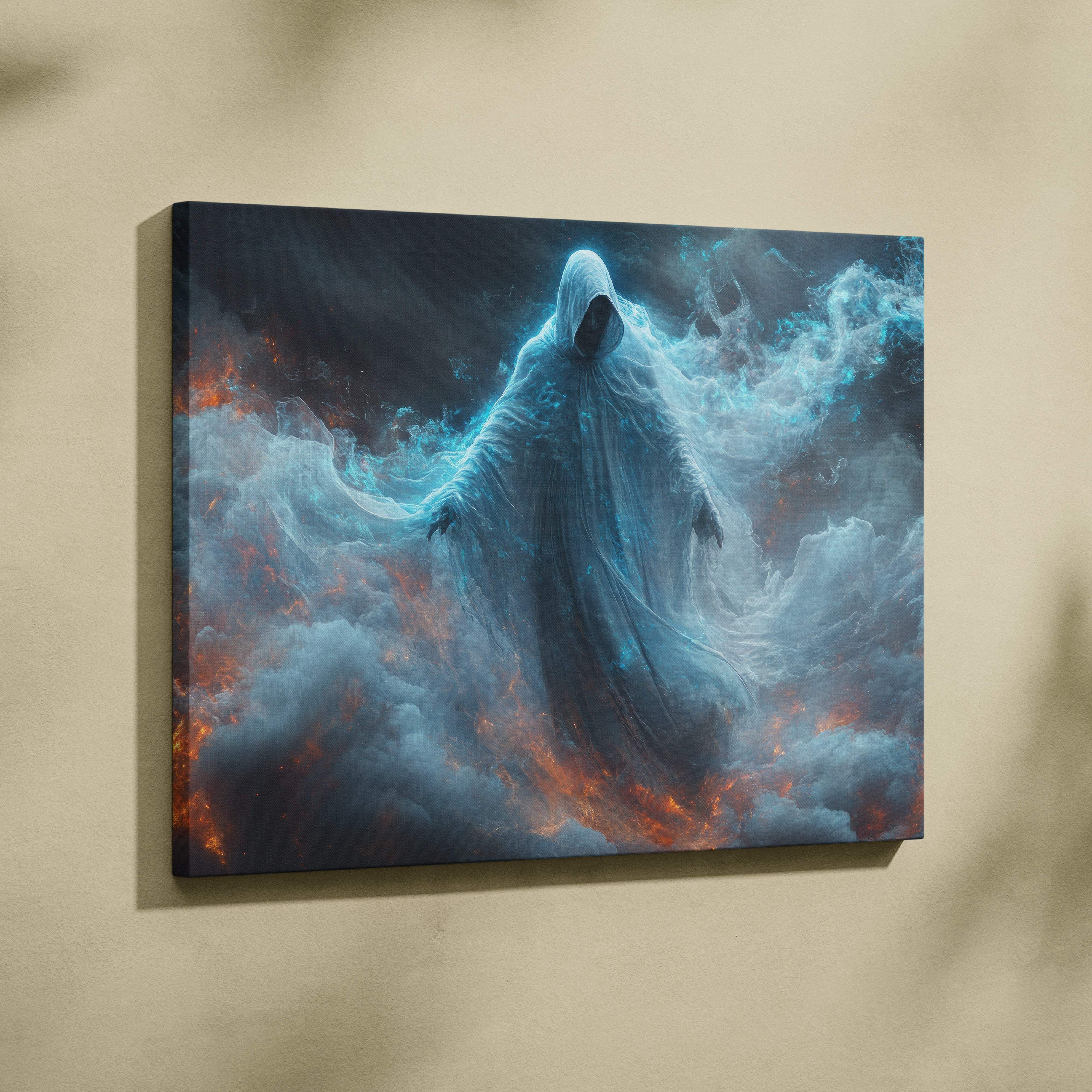 Canvas print of an ethereal hooded spirit in flowing robes amid swirling blue and orange flames for dark fantasy décor