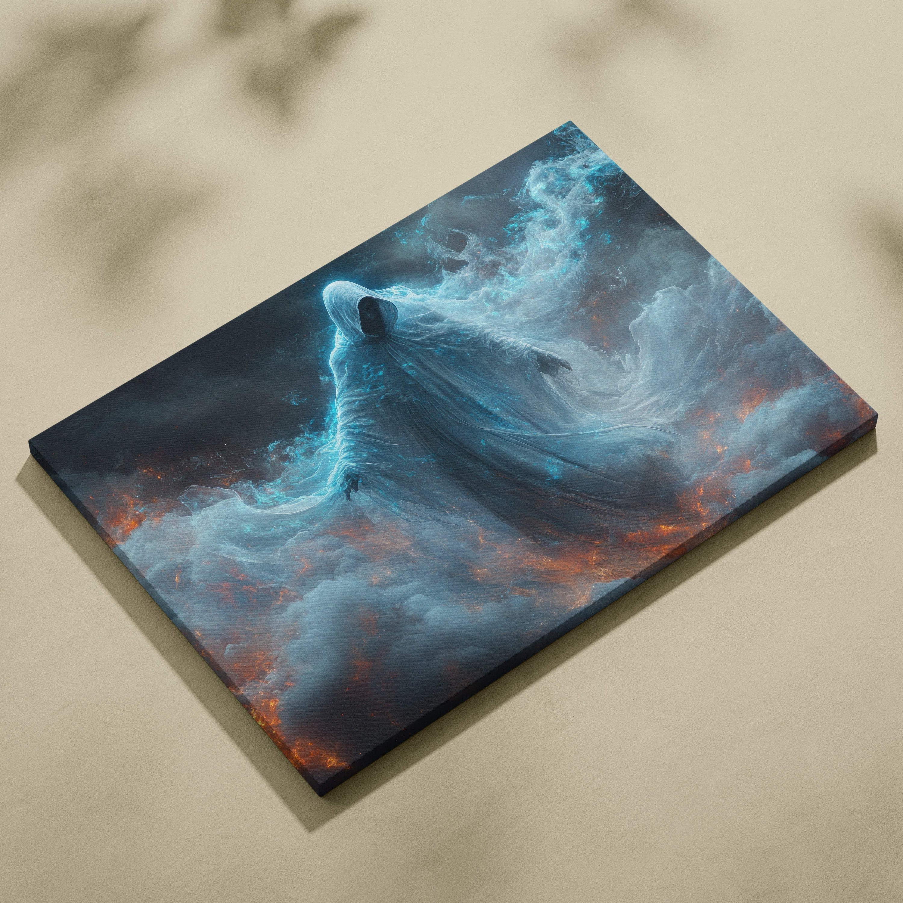Rectangular canvas print of an ethereal hooded spirit in white robes emerging from blue and orange cosmic clouds