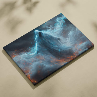 Rectangular canvas print of an ethereal hooded spirit in white robes emerging from blue and orange cosmic clouds