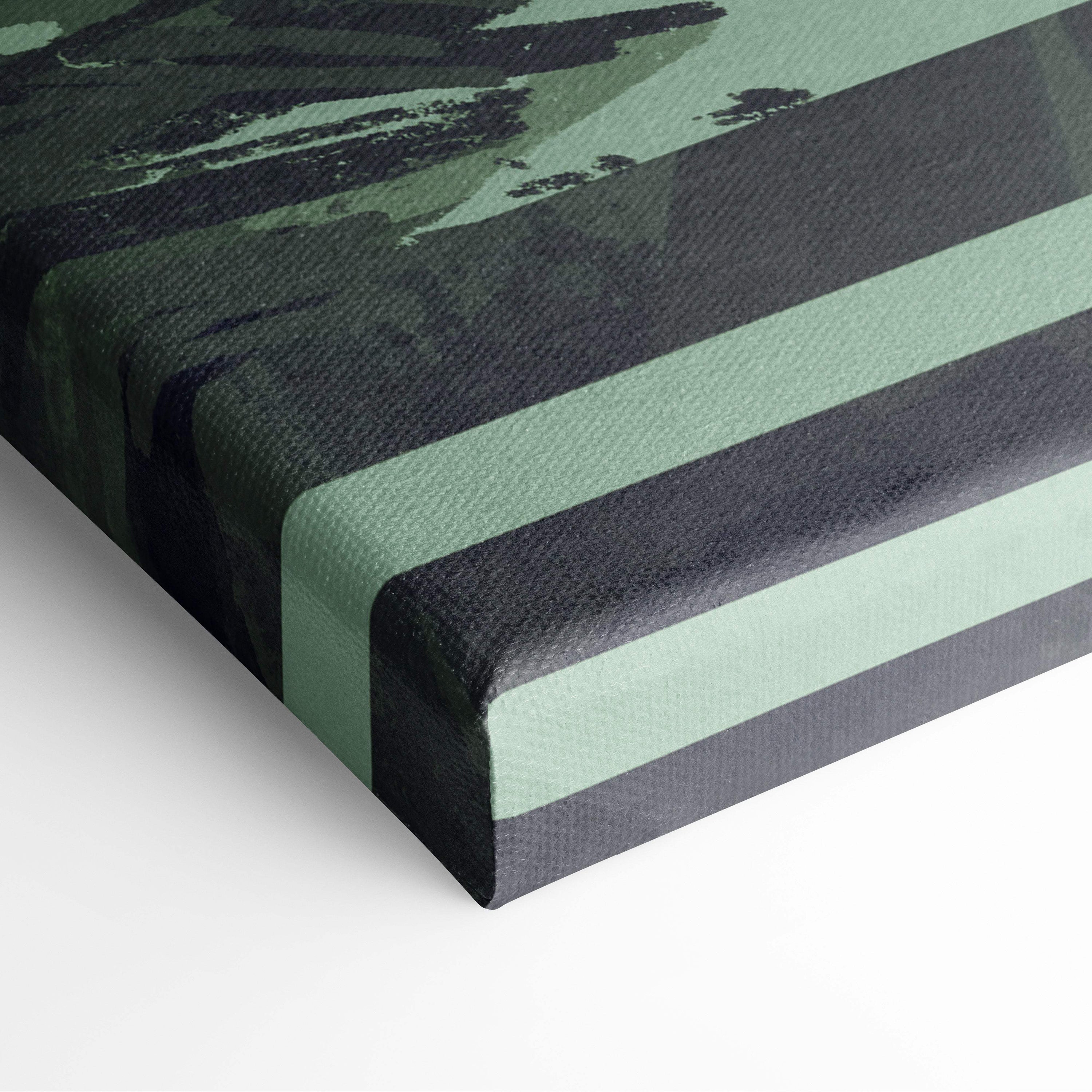 Samurai red moon canvas wall art with bold sage green and charcoal gray stripes and textured brushstroke accents
