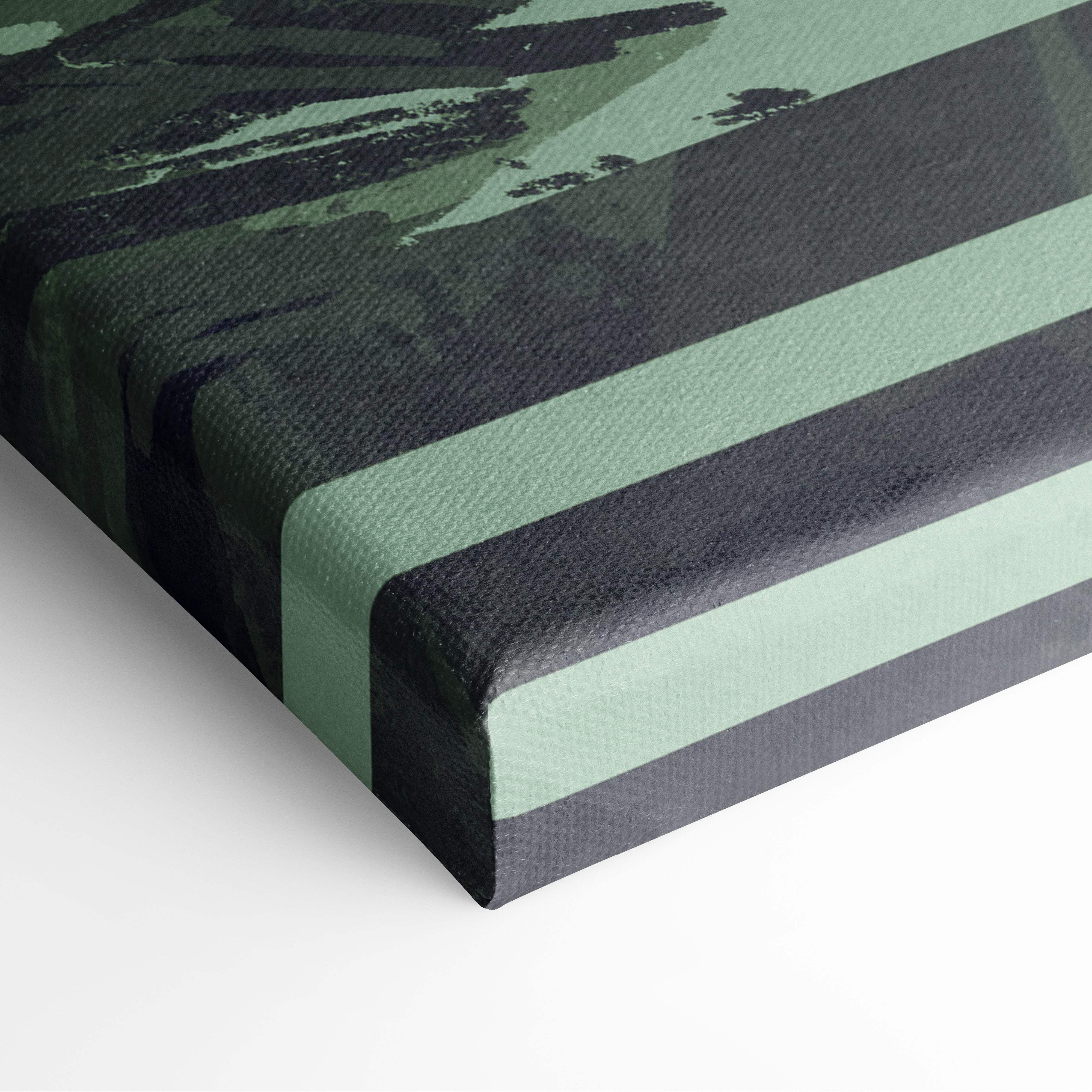 Samurai red moon canvas wall art with bold sage green and charcoal gray stripes and textured brushstroke accents