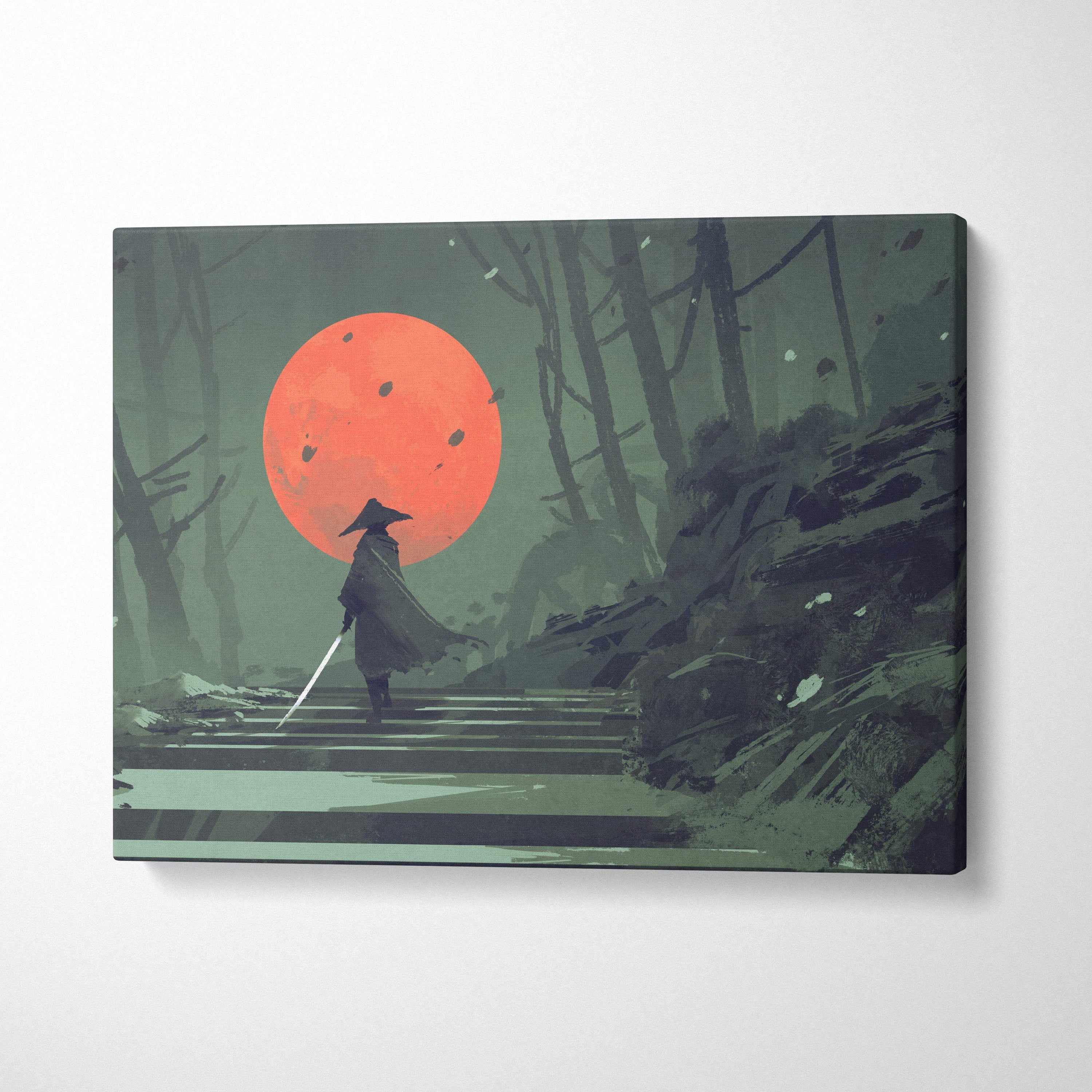 Samurai red moon canvas wall art featuring a lone warrior silhouette in dark robes against an orange-red sun and misty forest