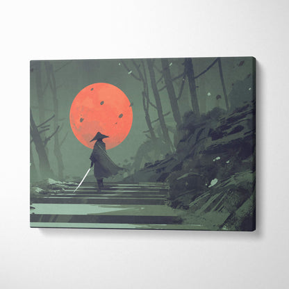 Samurai red moon canvas wall art featuring a lone warrior silhouette in dark robes against an orange-red sun and misty forest