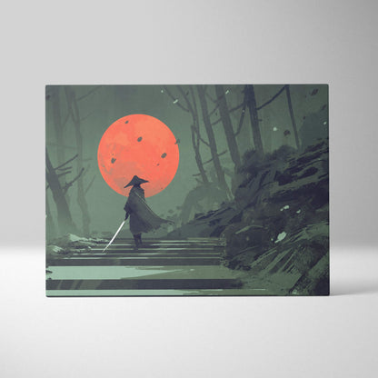A rectangular canvas print of a lone samurai silhouette under a red sun in a misty dark forest scene