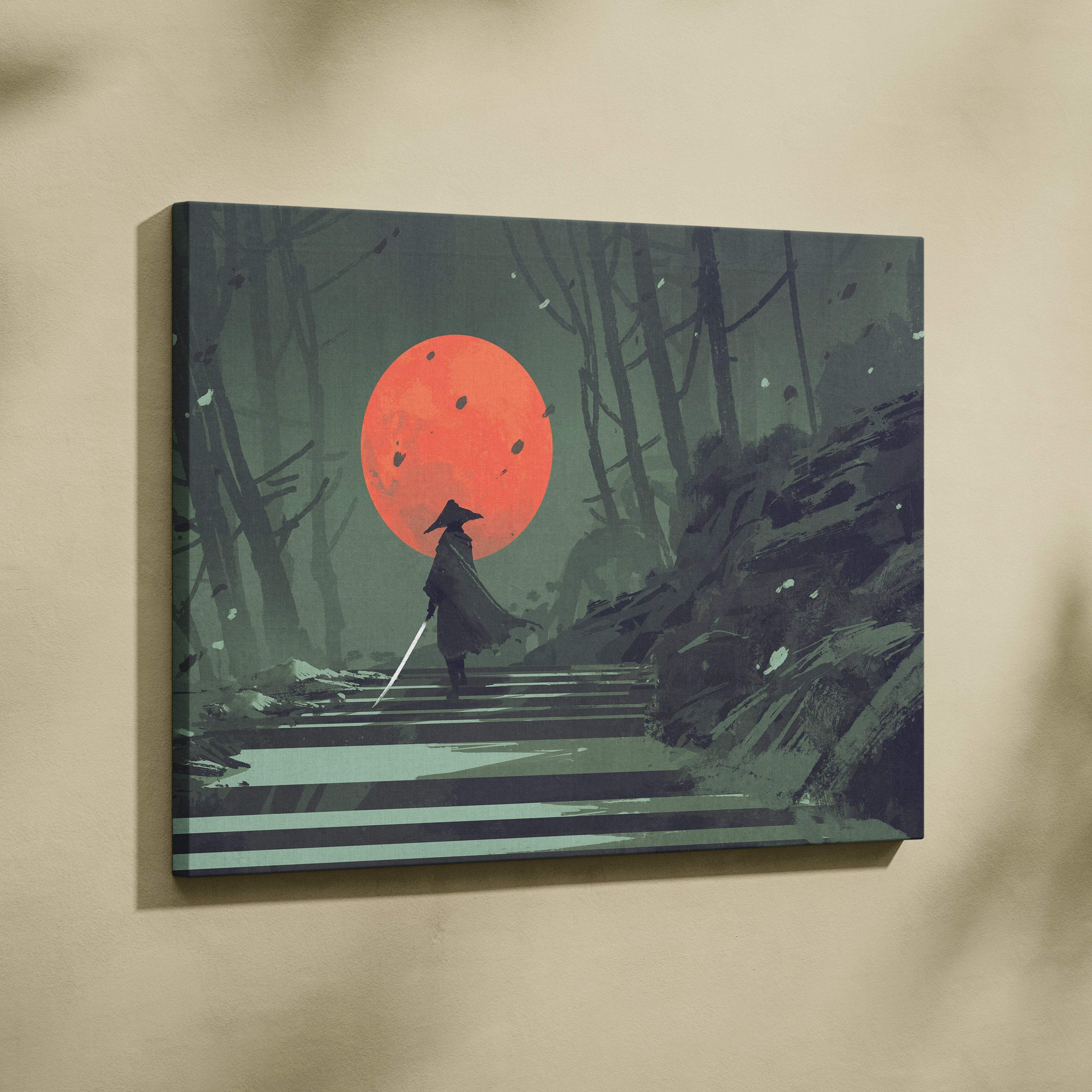 Samurai red moon canvas wall art showing a lone warrior silhouette in dark clothing beneath an orange sun on stone steps