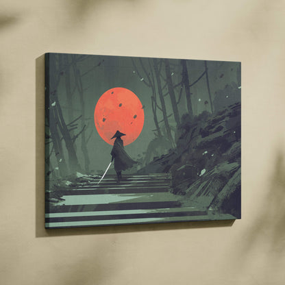 Samurai red moon canvas wall art showing a lone warrior silhouette in dark clothing beneath an orange sun on stone steps