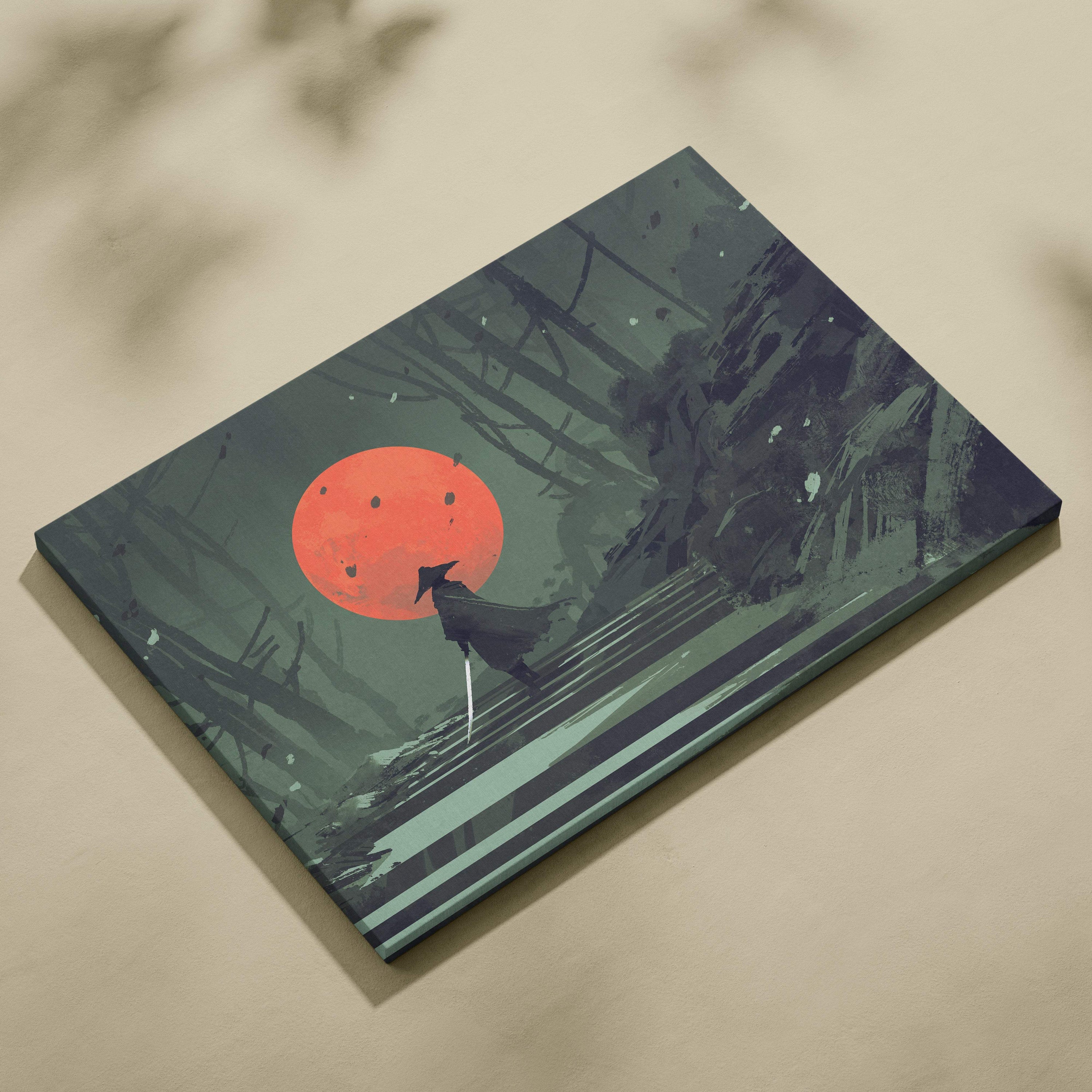 Samurai red moon canvas wall art depicting a lone warrior silhouette against an orange sun and dark forest backdrop