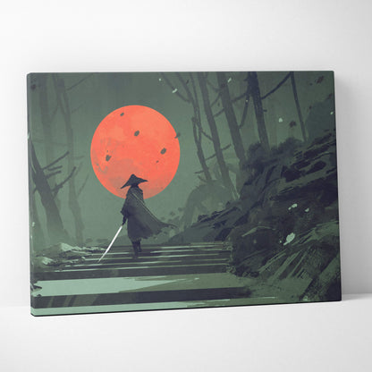 Samurai red moon canvas wall art featuring a lone warrior silhouette walking in a dark forest under a cracked orange sun