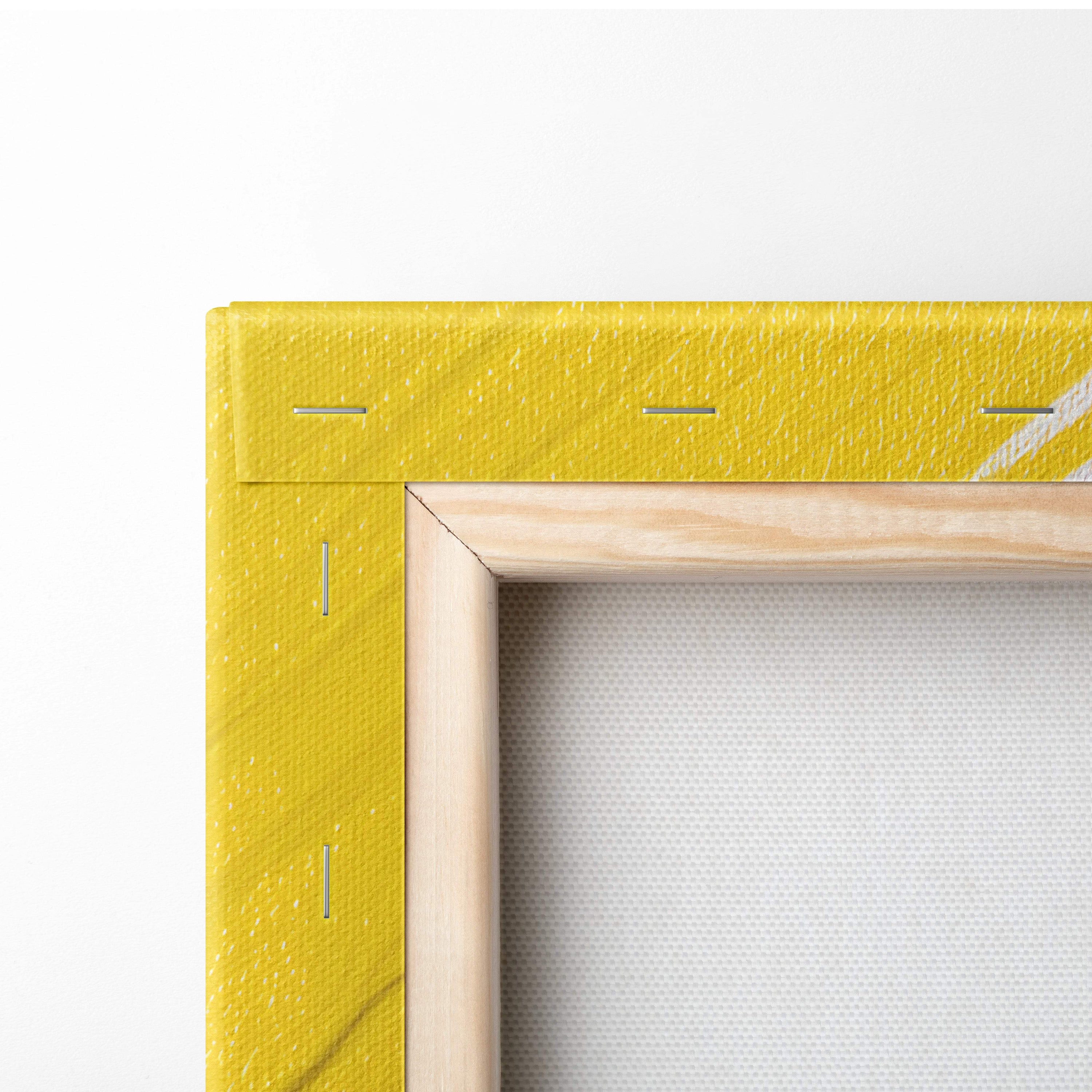 Bright yellow textured canvas wall art with light wood border for modern living room or creative office decor