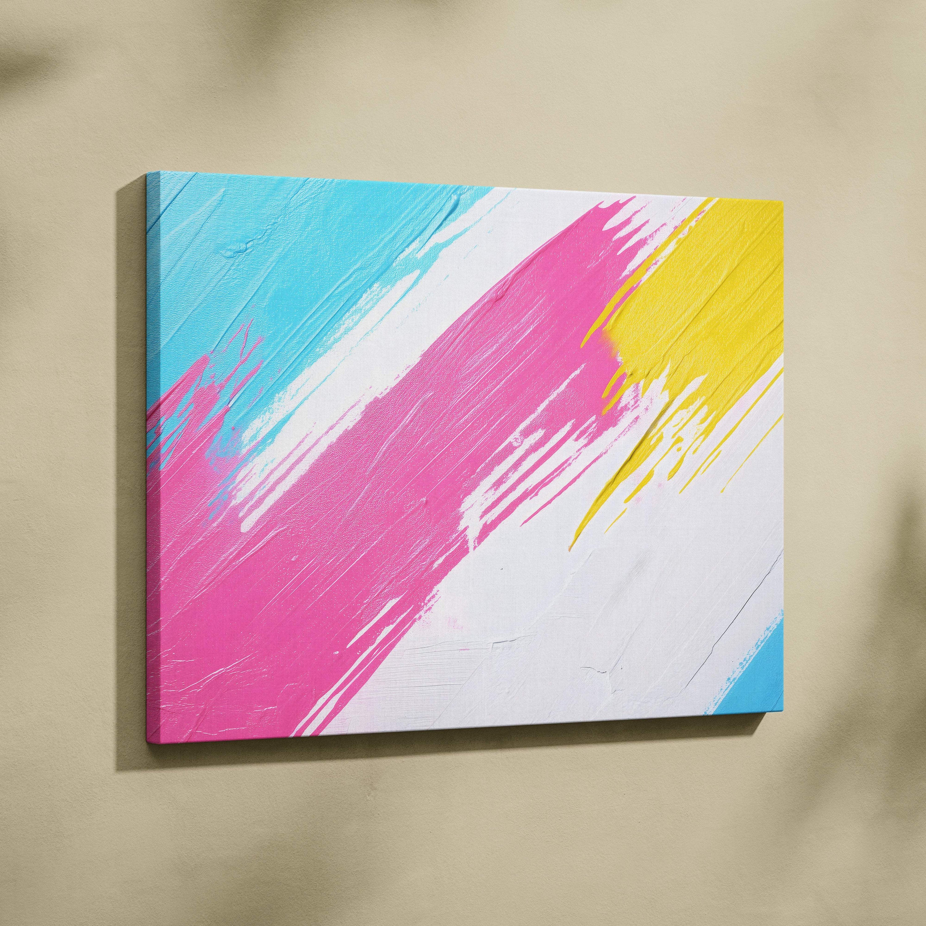 Pink yellow abstract canvas wall art print with vibrant turquoise magenta and yellow brush strokes for modern decor