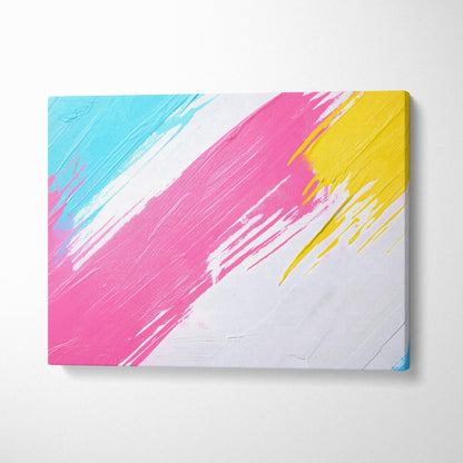 Pink yellow abstract canvas wall art print with bold pink yellow and cyan brushstrokes on textured white background