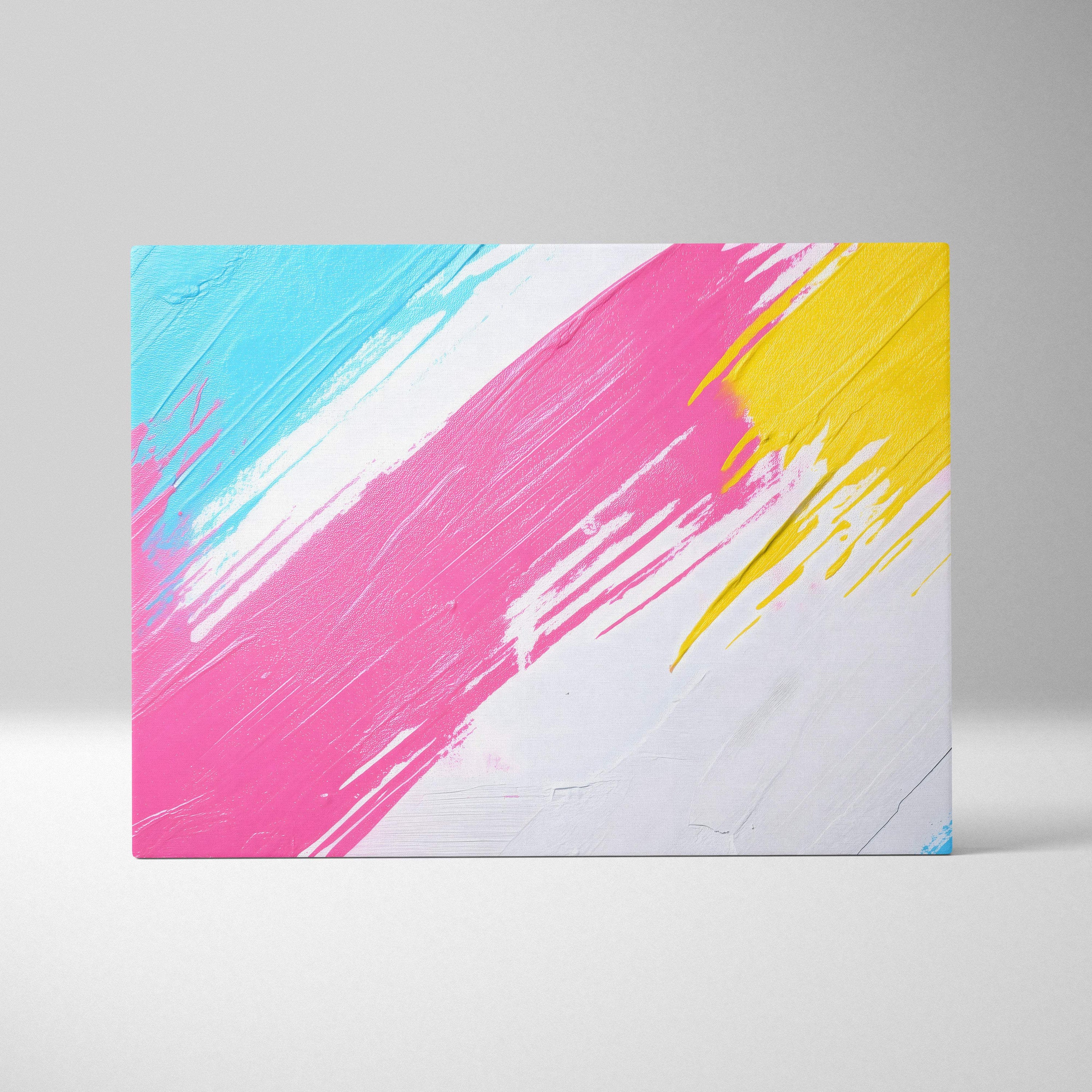 Pink yellow abstract canvas wall art print with bold cyan brushstrokes on textured white for modern decor