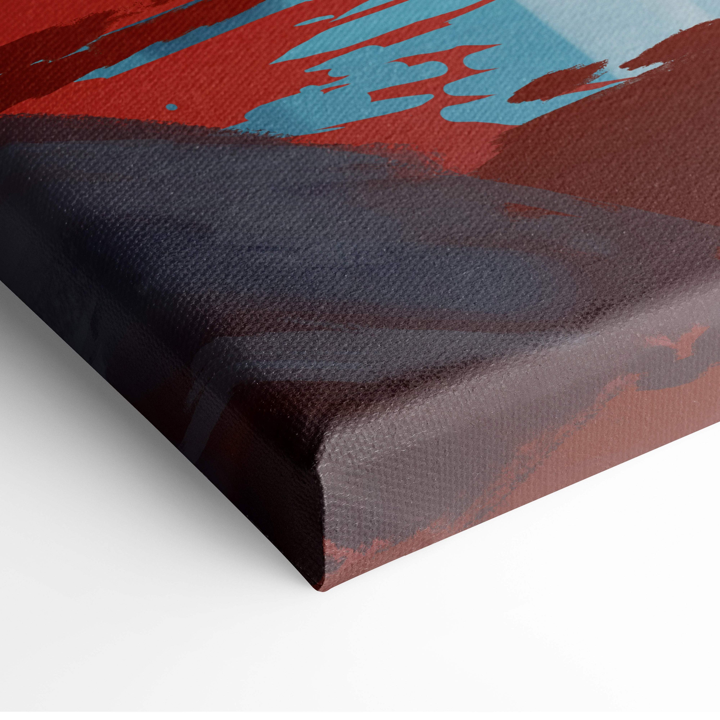 Surreal colossal guardian canvas wall art featuring bold red blue and dark brown abstract brushstrokes on textured canvas