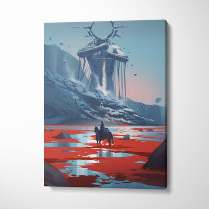 Surreal colossal guardian canvas wall art featuring a lone rider on horseback crossing a red reflective landscape