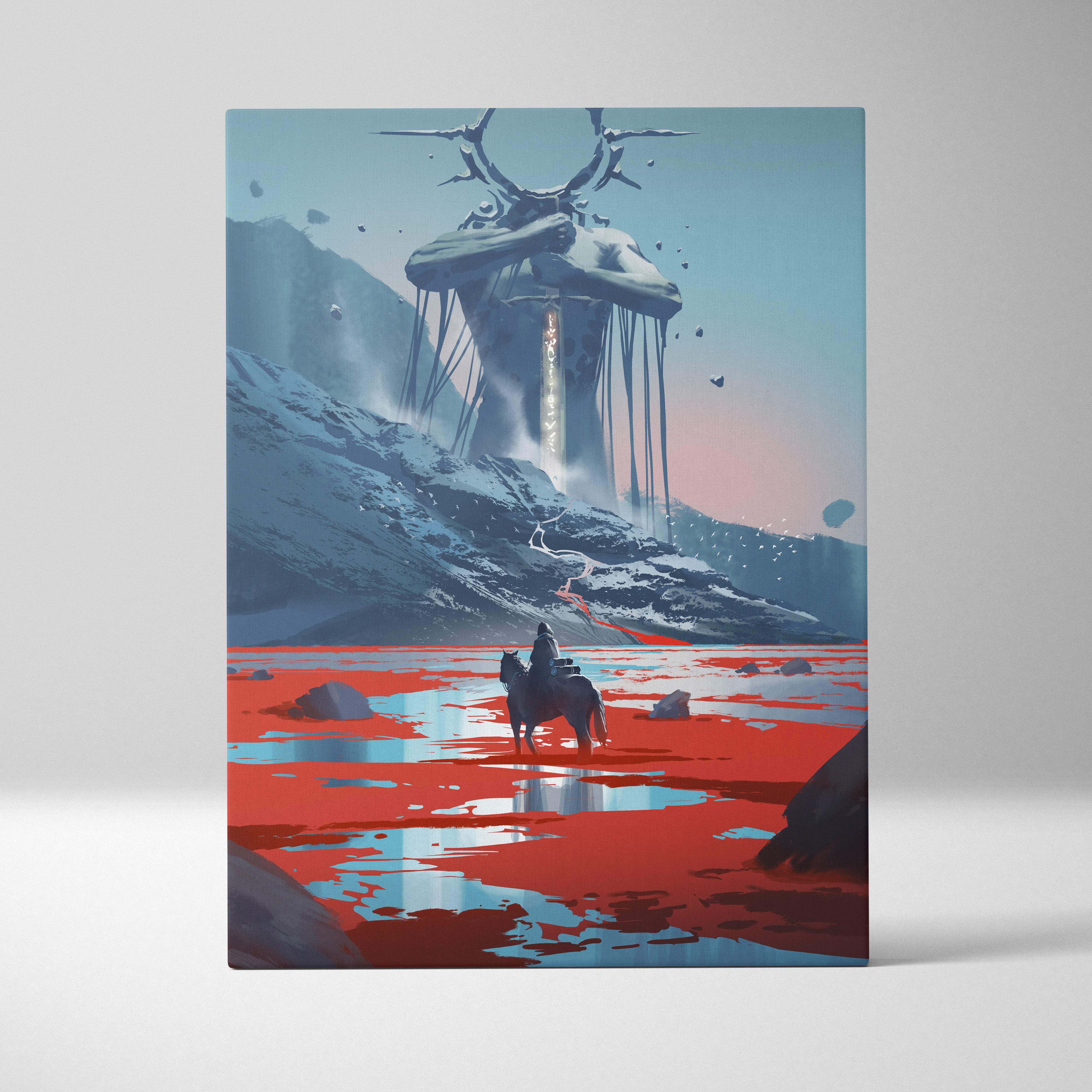 Surreal colossal guardian canvas wall art featuring an antlered figure with glowing rune blade over red liquid lake