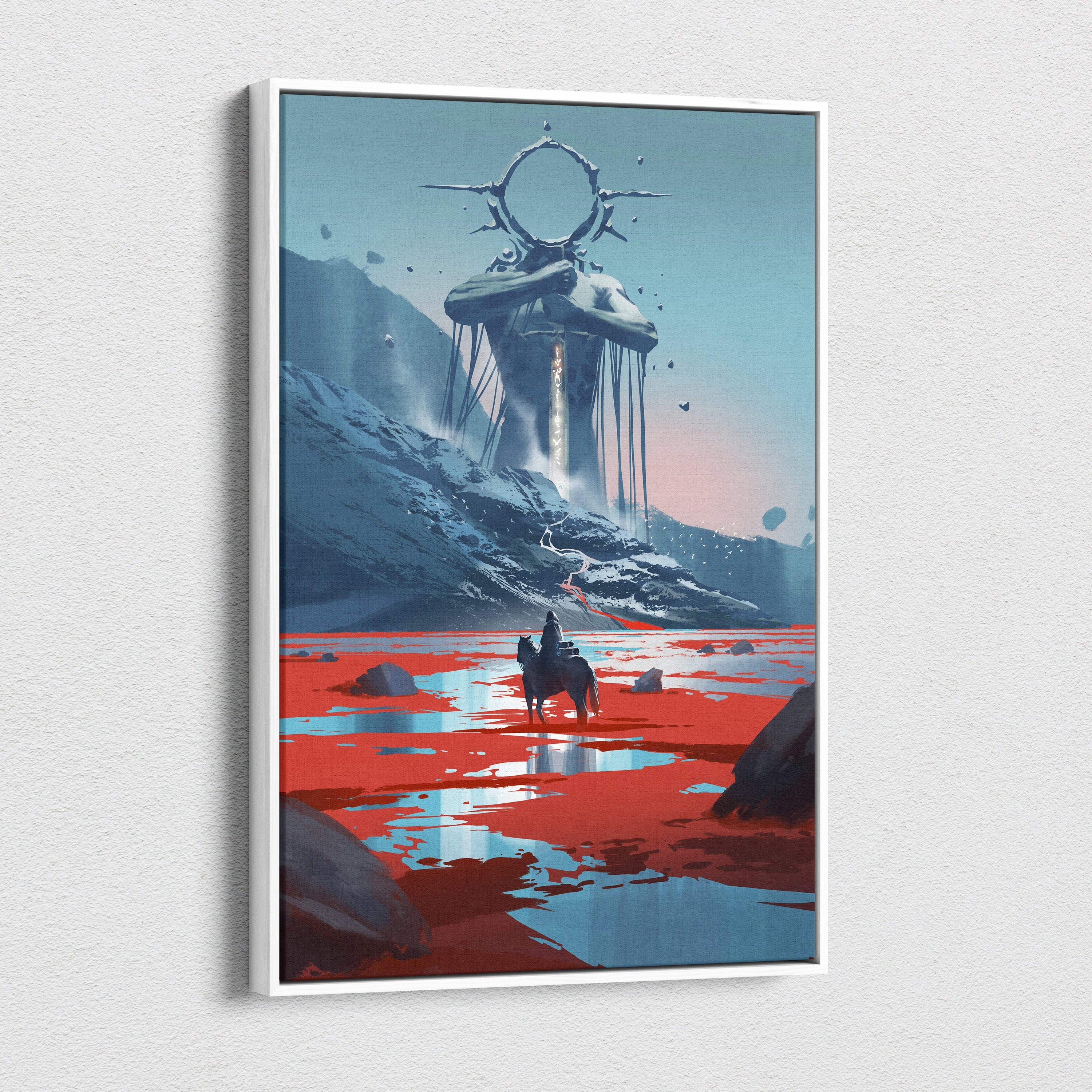 A framed digital canvas wall art showing a lone rider on horseback crossing a red reflective landscape toward a colossal stone monument