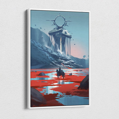A framed digital canvas wall art showing a lone rider on horseback crossing a red reflective landscape toward a colossal stone monument