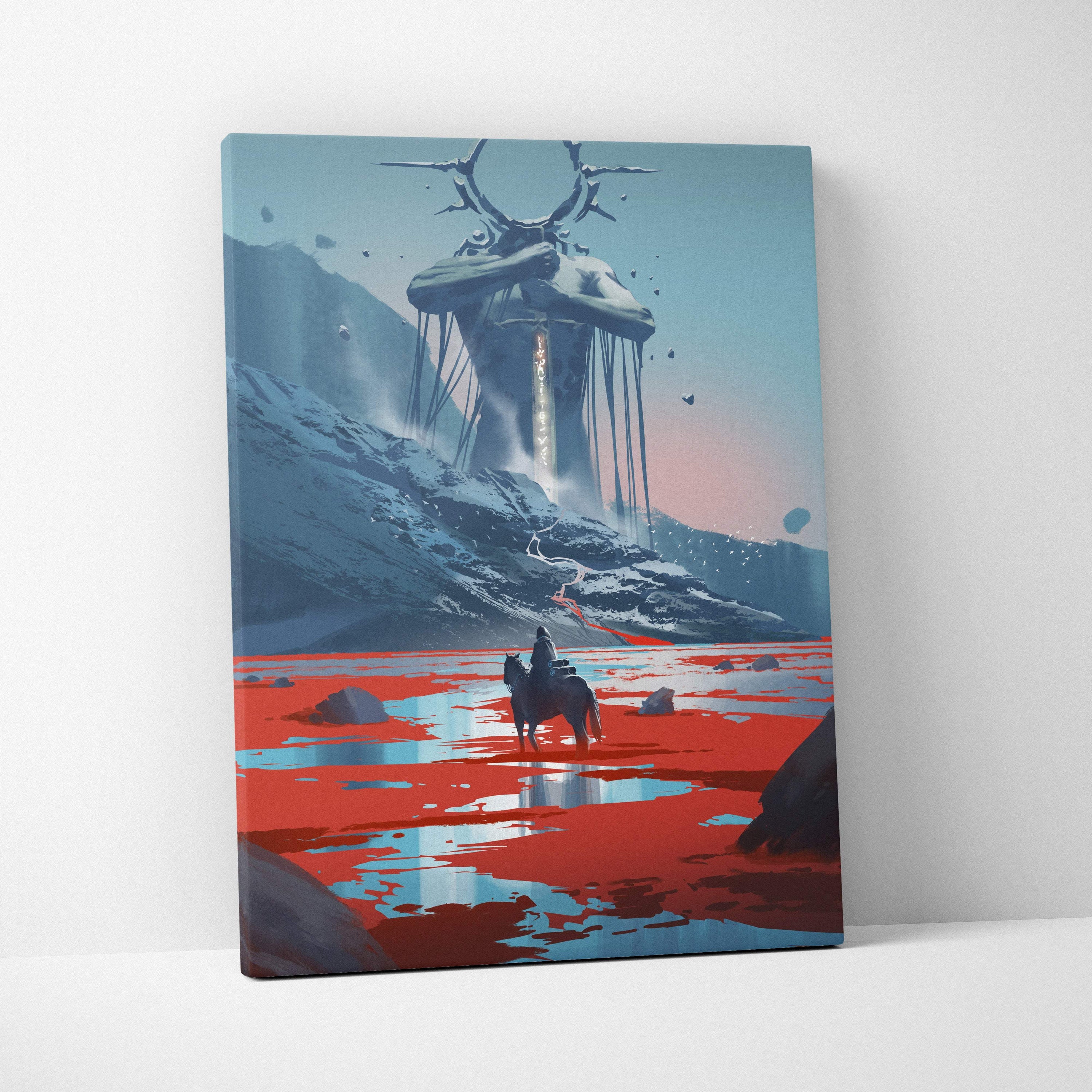 Surreal colossal guardian canvas wall art showing a lone rider crossing a red lake toward a giant antlered stone deity