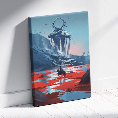 Rectangular canvas print of a surreal dark fantasy landscape with a lone rider crossing red water toward a glowing stone monument