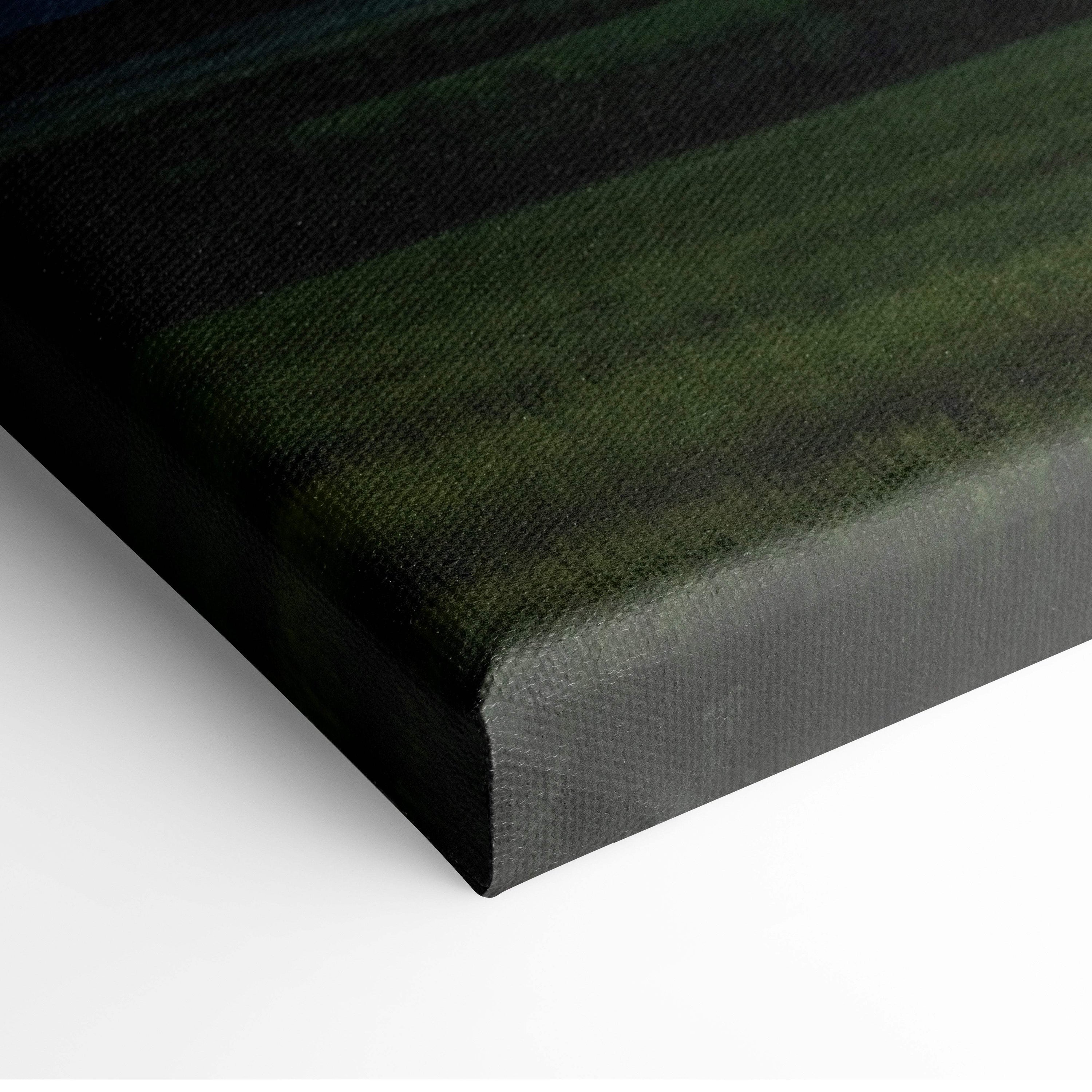 Black canvas artwork with textured surface and dark green stripes depicting powerful cloud-to-ground lightning strike