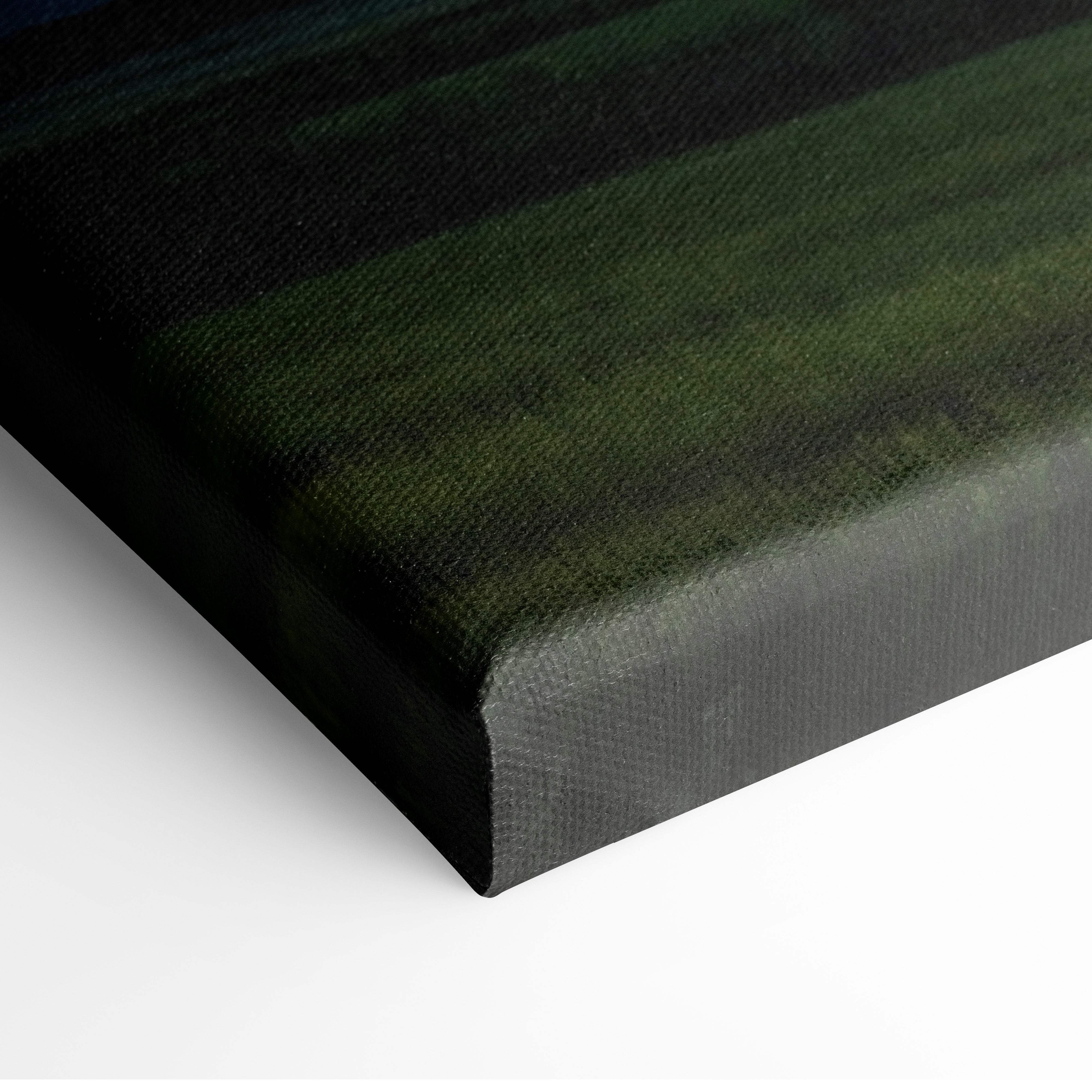 Black canvas artwork with textured surface and dark green stripes depicting powerful cloud-to-ground lightning strike
