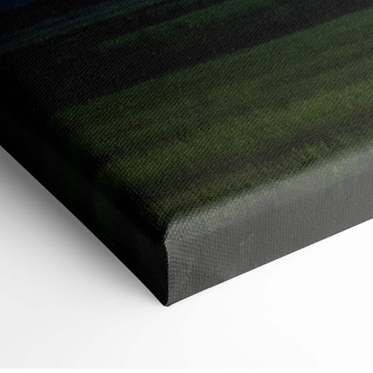 Black canvas artwork with textured surface and dark green stripes depicting powerful cloud-to-ground lightning strike