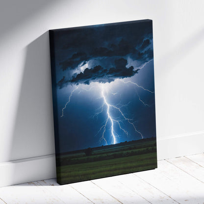 Canvas print of a powerful cloud-to-ground lightning strike with bright white bolts over deep blue skies and dark fields