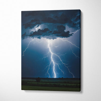 Canvas print of a powerful cloud-to-ground lightning strike with blue and white bolts under dark storm clouds above fields