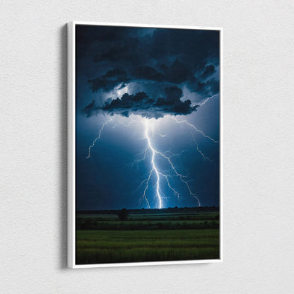 A framed canvas print of a powerful blue and white cloud-to-ground lightning strike over a dark stormy field at night